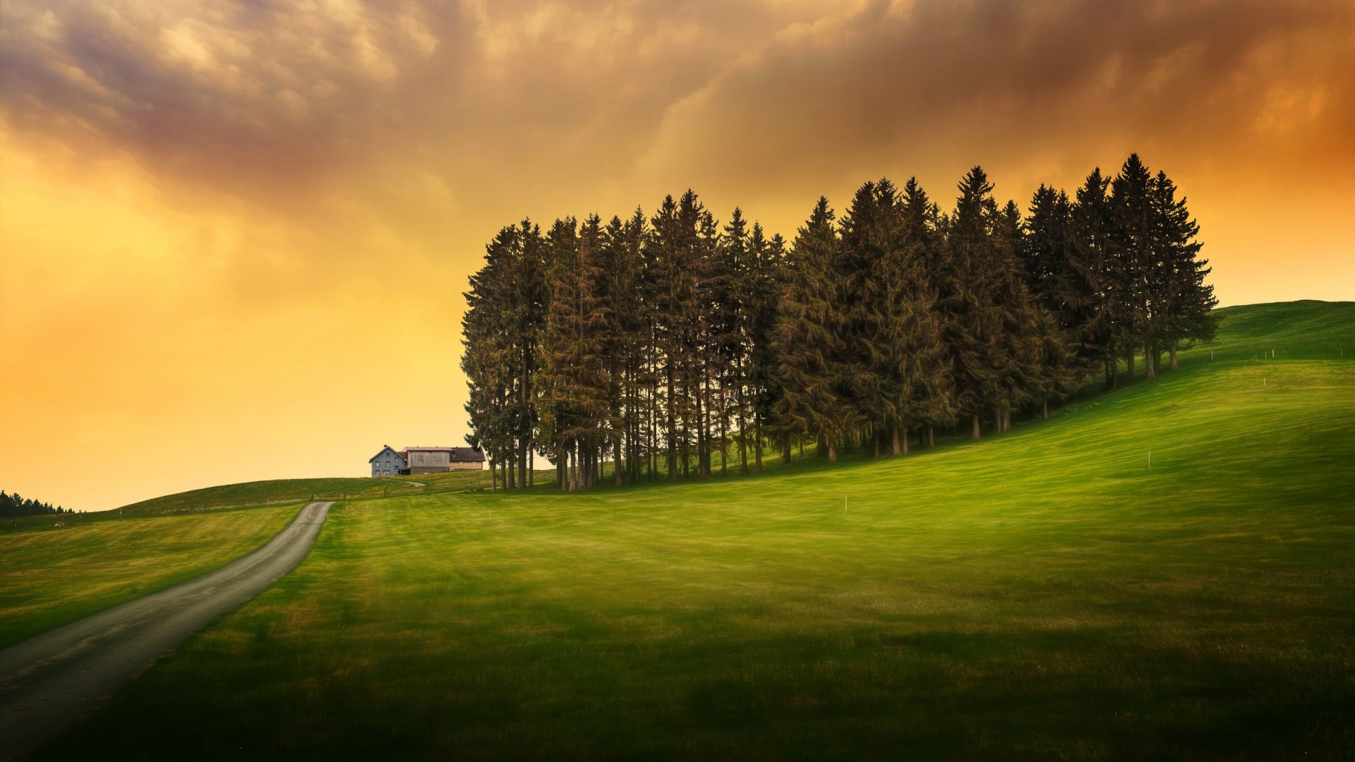 General 1920x1080 nature landscape trees hills clouds grass field house road sunlight HDR