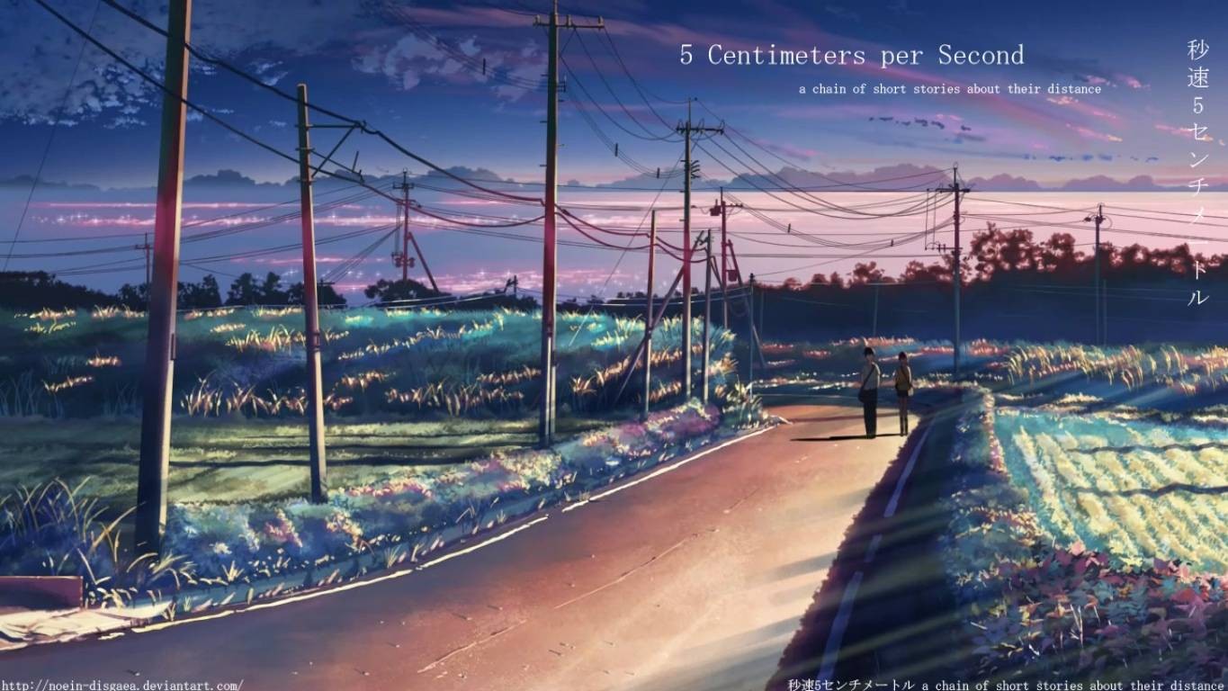 Anime 1365x768 anime 5 Centimeters Per Second road power lines outdoors Makoto Shinkai 