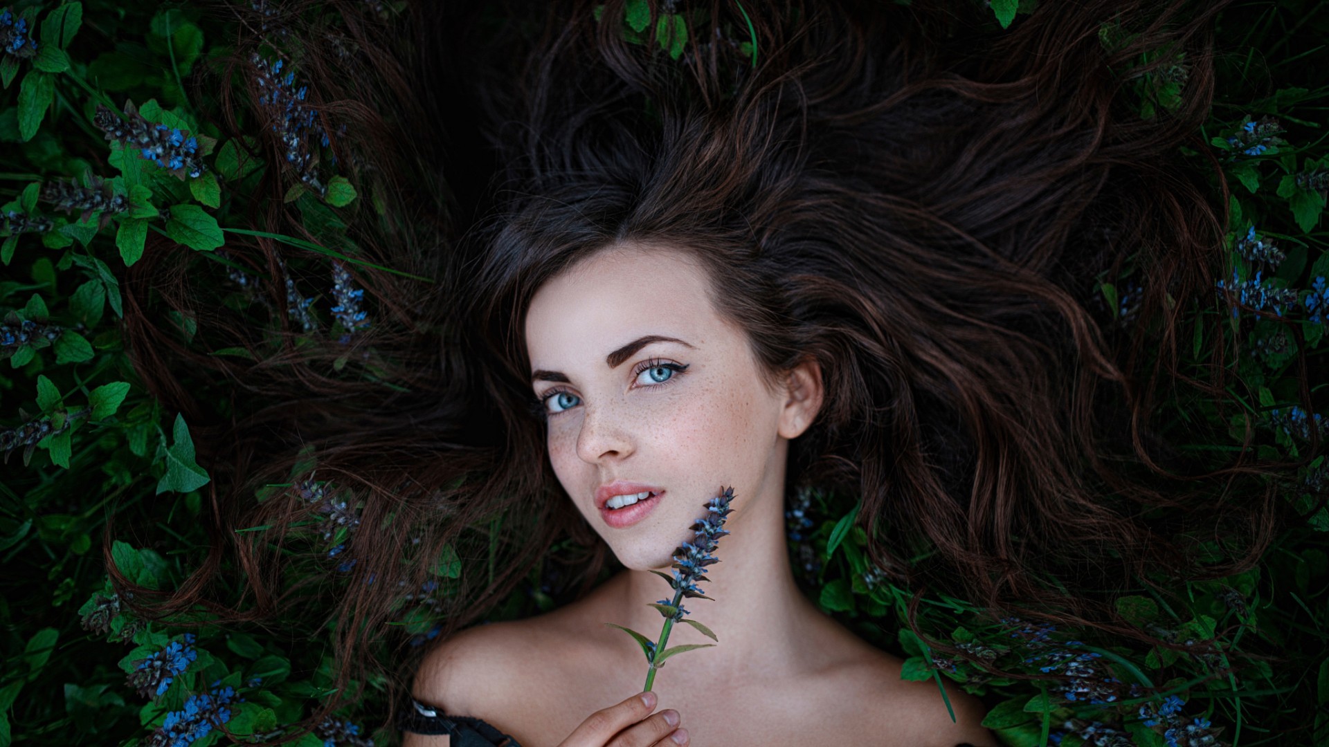 People 1920x1080 women Georgy Chernyadyev brunette blue eyes flowers long hair model freckles face looking at viewer plants women outdoors