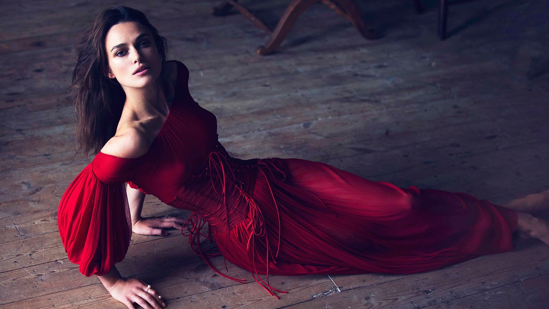 People 1920x1080 women dress wooden surface looking at viewer Keira Knightley corset women indoors actress red dress red clothing long hair brunette on the floor