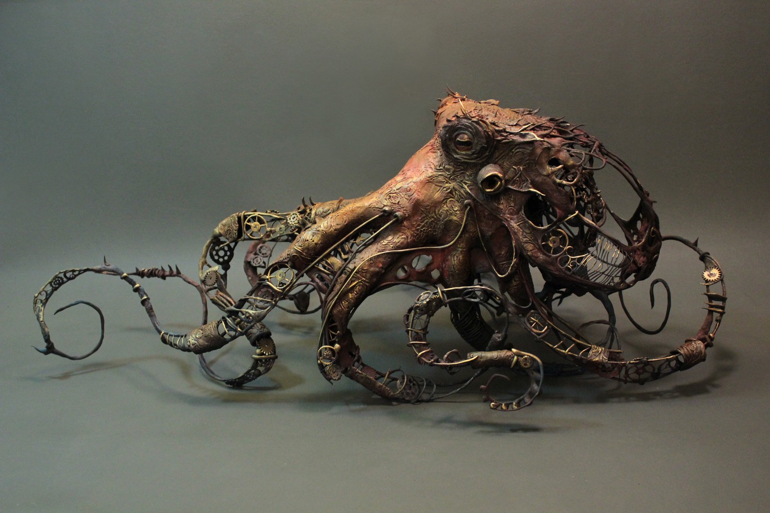 General 1500x1000 animals octopus steampunk metal gears artwork shadow sculpture gray background
