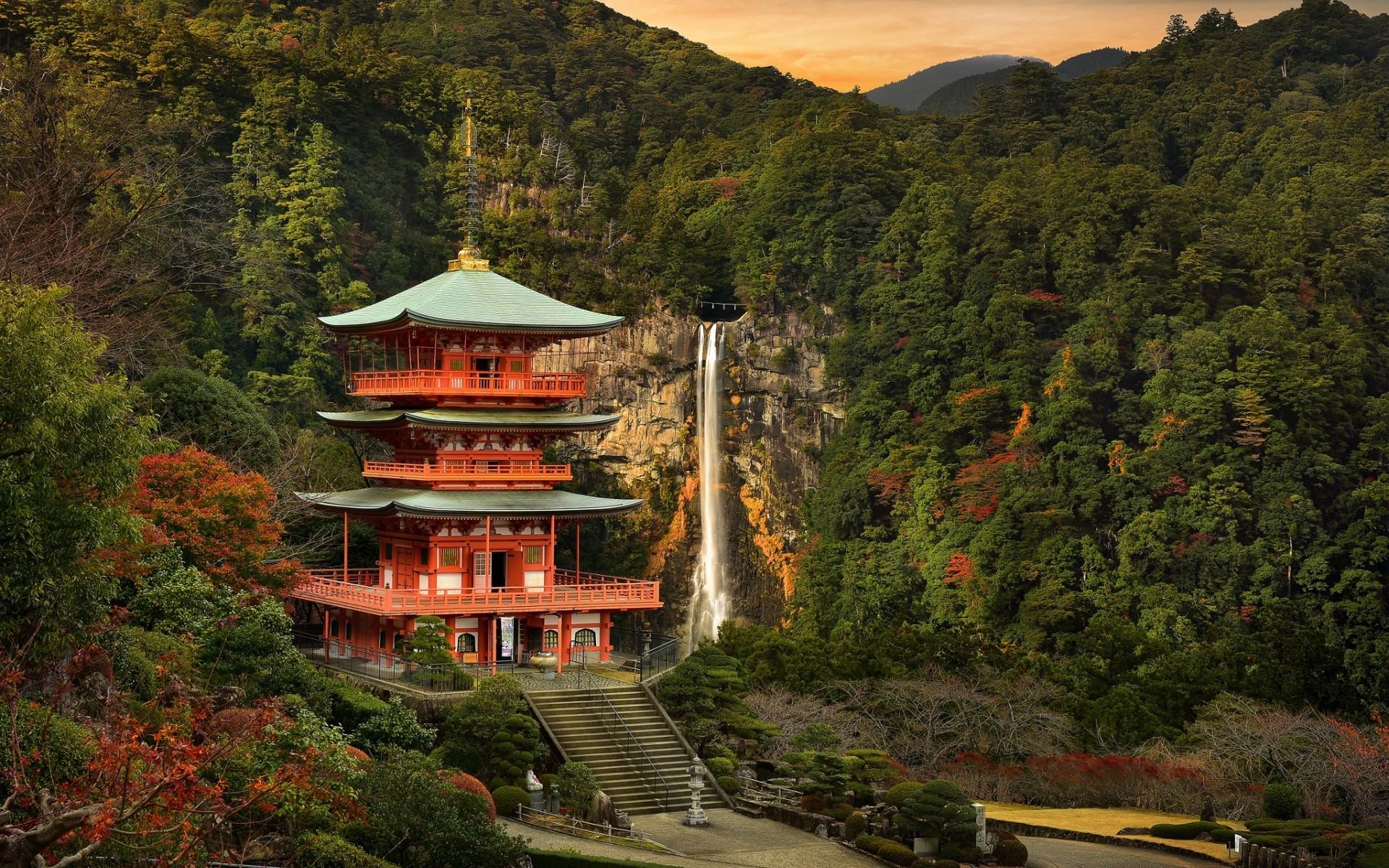 General 1920x1200 nature landscape trees forest clouds water Japan Asian architecture building Japanese Garden stairs fall rocks mountains hills sunset waterfall Asia