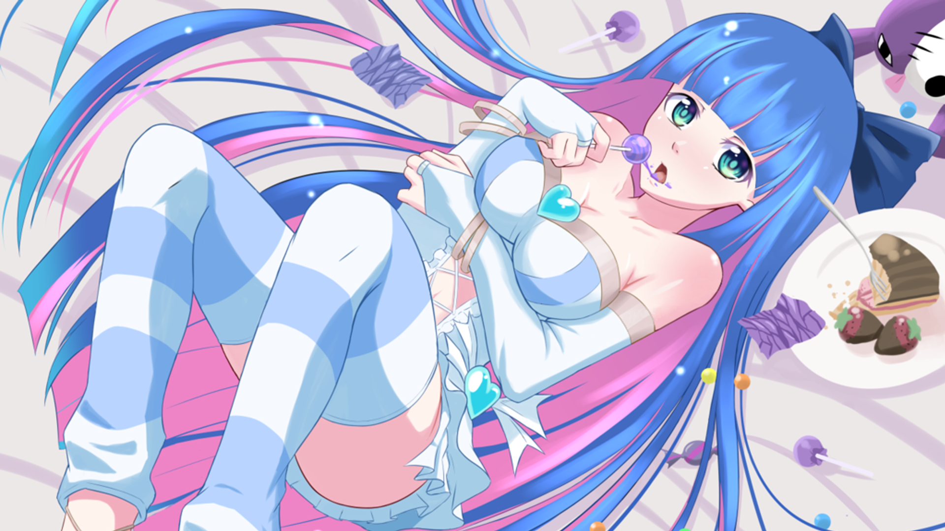 Anime 1920x1080 Panty and Stocking with Garterbelt Anarchy Stocking stockings lollipop anime girls anime boobs big boobs blue hair striped stockings aqua eyes food sweets
