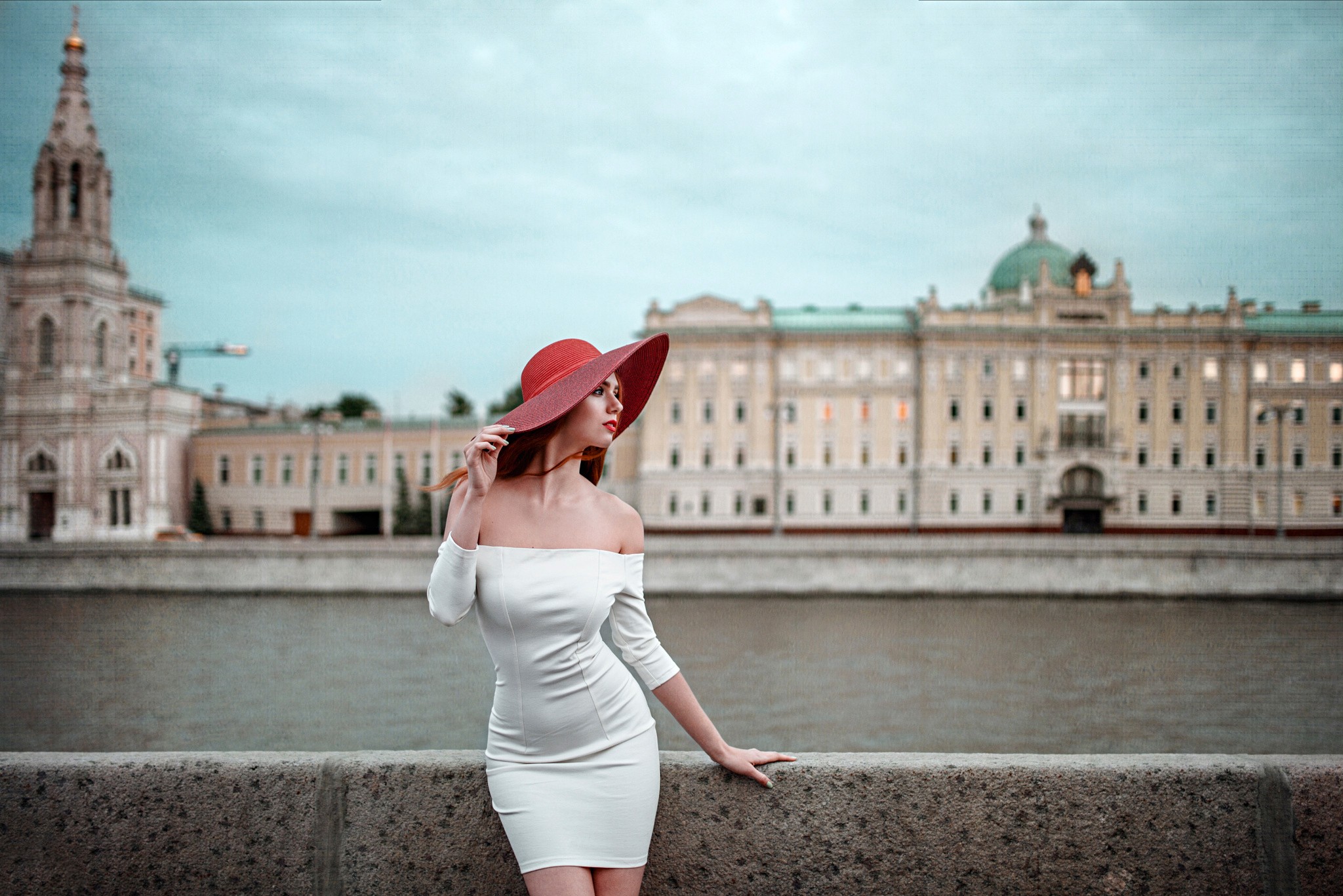 People 2048x1367 women white dress redhead hat city red lipstick dress millinery looking away standing photography women outdoors urban bare shoulders river face women with hats white clothing Georgy Chernyadyev