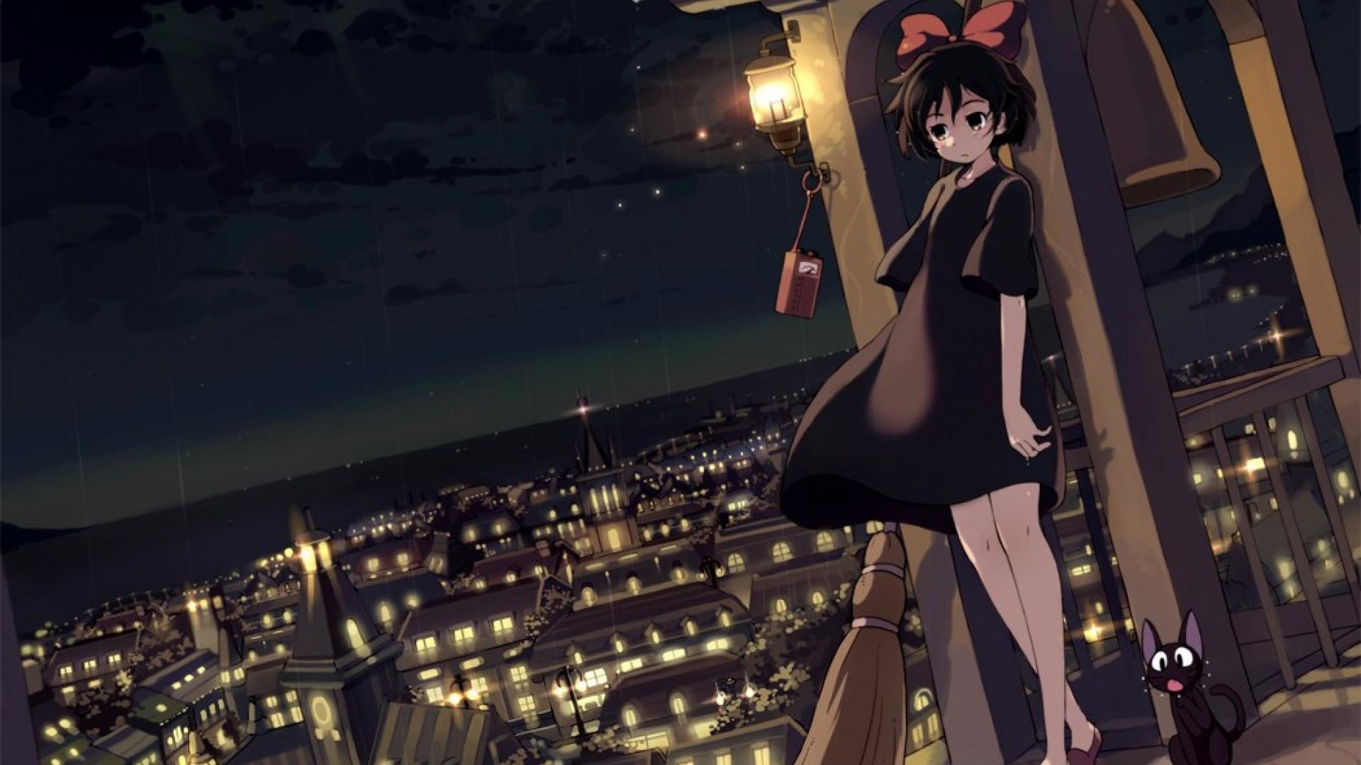 Anime 1920x1080 Studio Ghibli Kiki's Delivery Service anime girls cityscape lantern night rain cats dark hair dark eyes anime