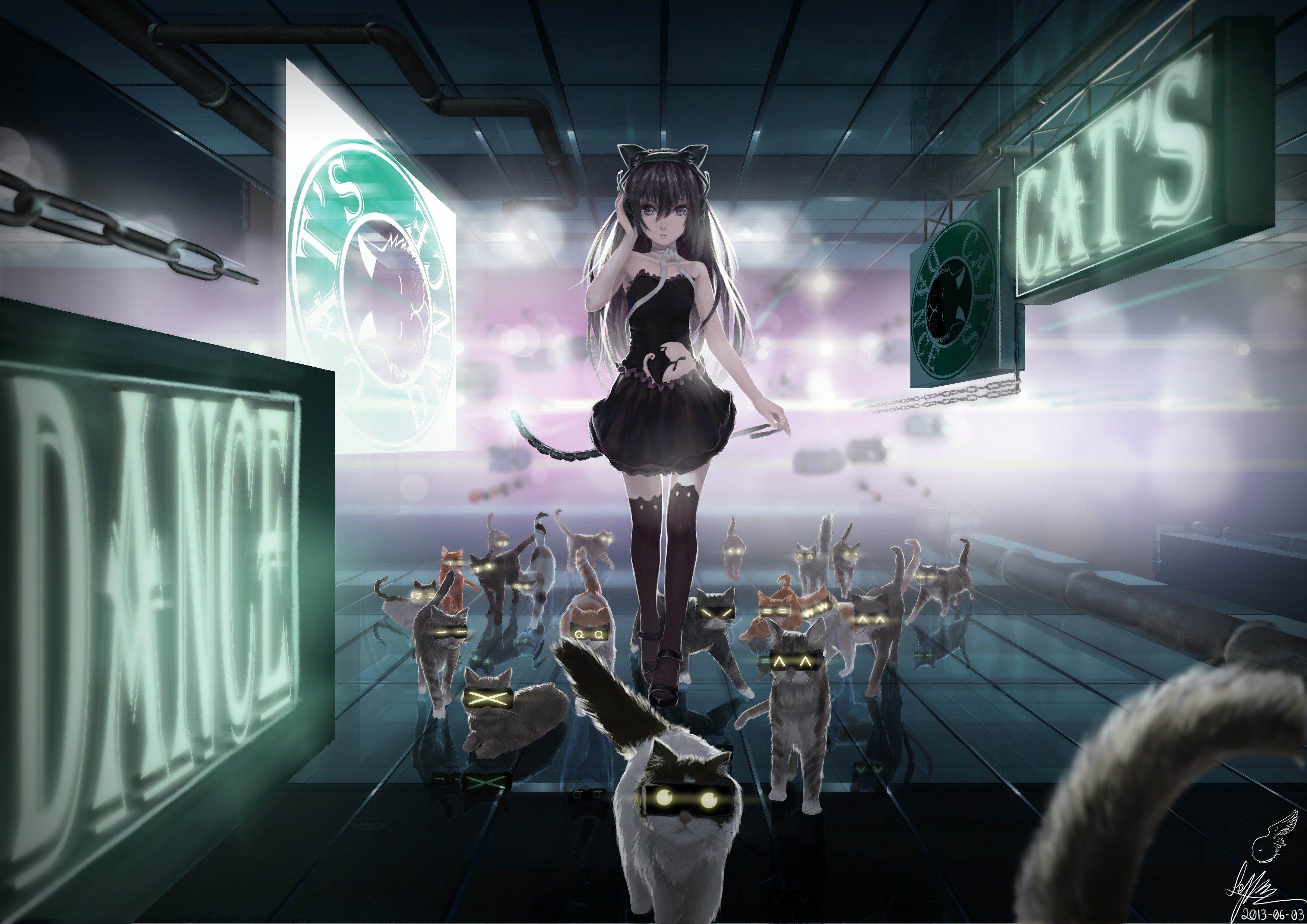 Anime 3508x2480 anime anime girls original characters cats emoticons standing animals mammals glowing eyes cat girl 2013 (Year)