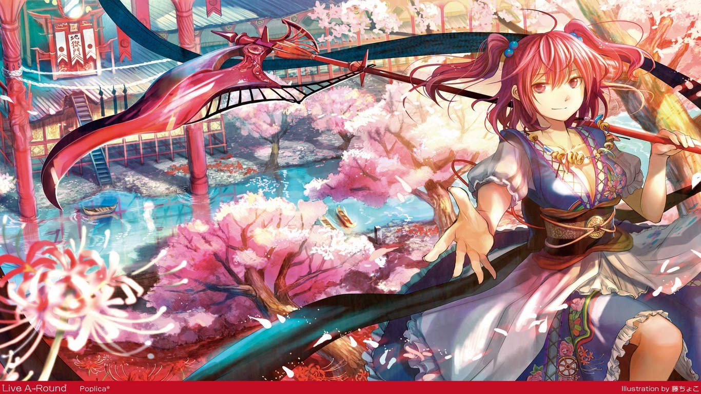 General 1366x768 anime lake boat redhead cherry blossom Touhou Onozuka Komachi scythe fantasy art fantasy girl red eyes