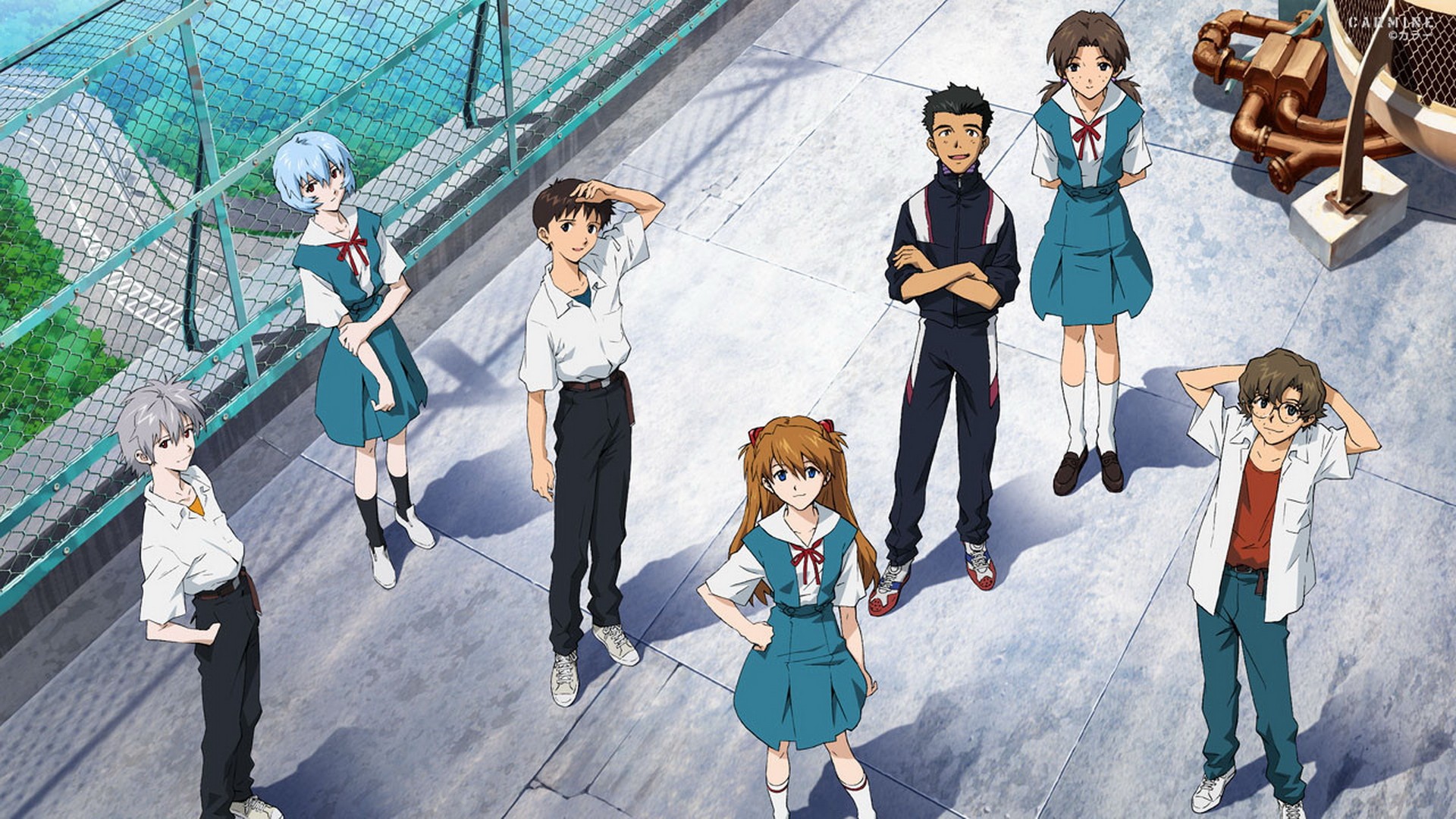 Anime 1920x1080 Neon Genesis Evangelion Ikari Shinji Asuka Langley Soryu Ayanami Rei anime school uniform looking up