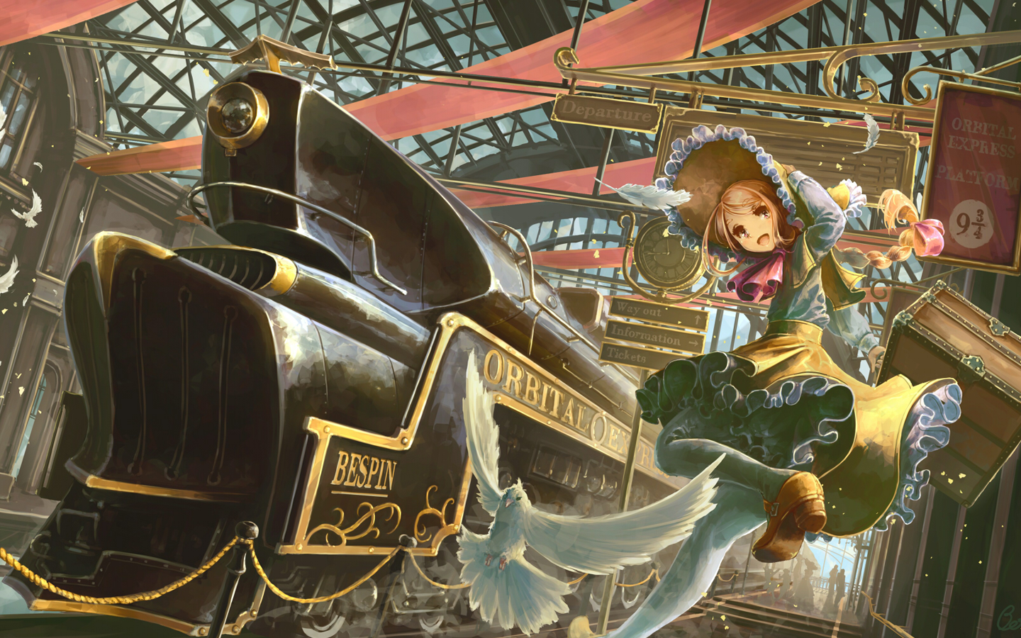 Anime 1440x900 anime anime girls train station train vehicle birds animals Pixiv