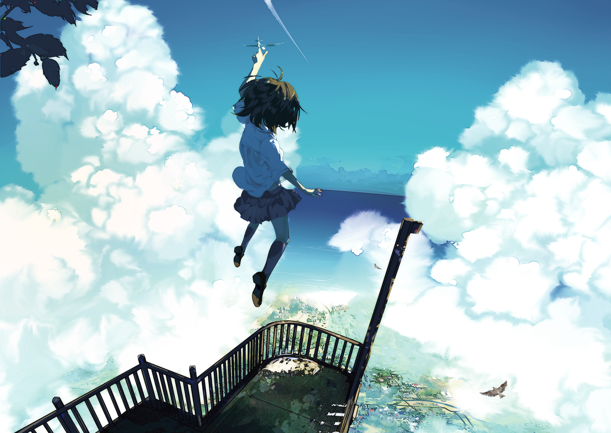 Anime 1214x860 sky clouds anime anime girls original characters aerial view airplane balcony jumping outdoors women outdoors women