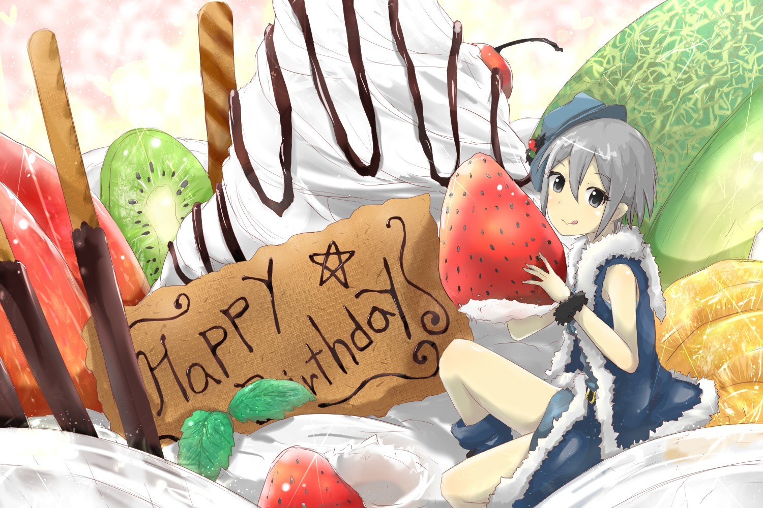 Anime 1500x1000 birthday original characters anime girls strawberries anime food fruit berries tongues tongue out dark eyes looking at viewer sweets sitting