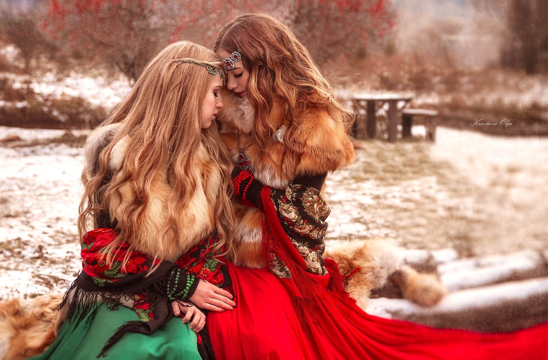 People 1920x1262 women traditional clothing blonde brunette costumes hair ornament two women women outdoors fur coats cuddle Oleg Kravtsov fur