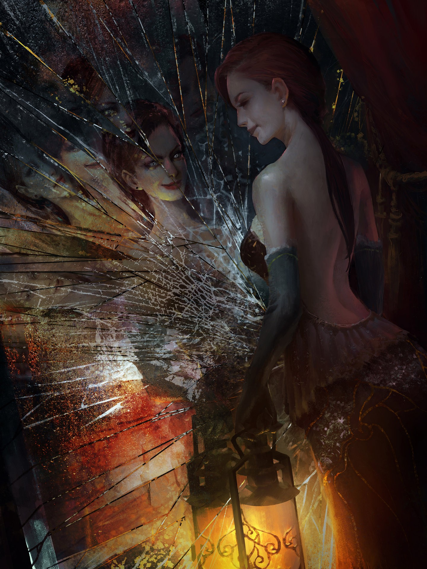 General 1440x1920 fantasy art fantasy girl lantern mirror broken glass redhead women mirrored