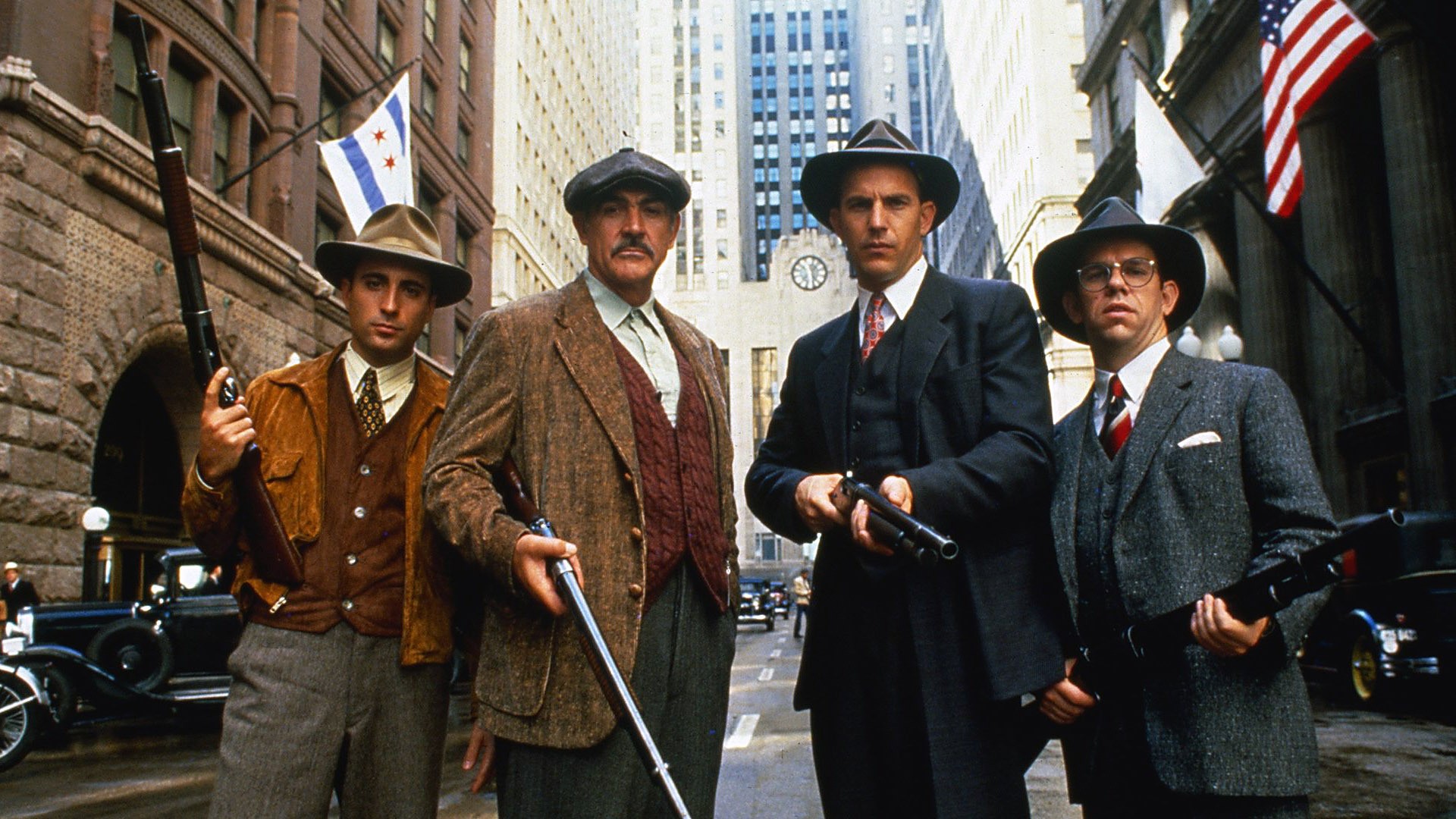 People 1920x1080 men actor movies film stills suits tie Sean Connery gun rifles street Chicago vintage looking at viewer skyscraper hat old car detectives building flag USA group of people car shotgun Andy Garcia Charles Martin Smith The Untouchables Kevin Costner