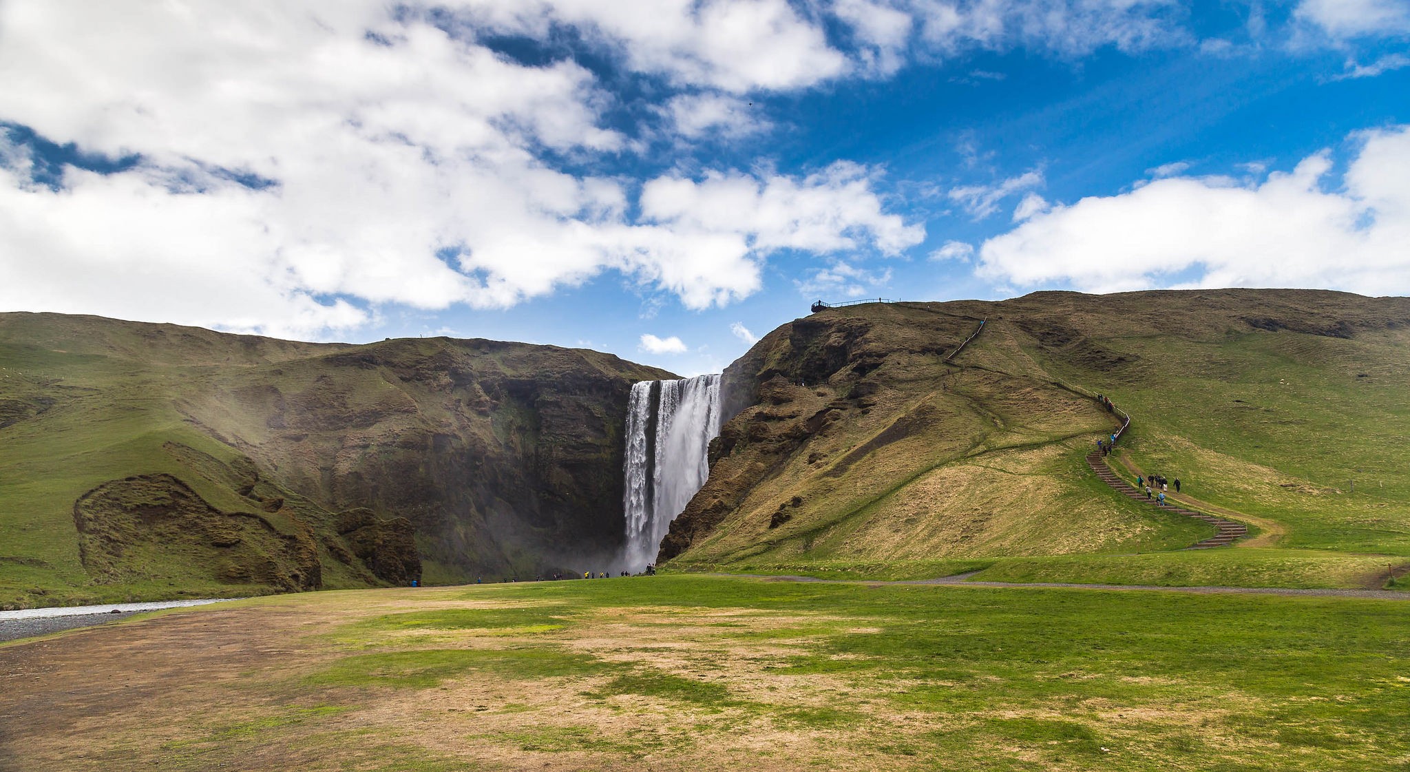 General 2048x1121 waterfall Skogafoss Falls Iceland landscape hills nordic landscapes nature outdoors rocks clouds