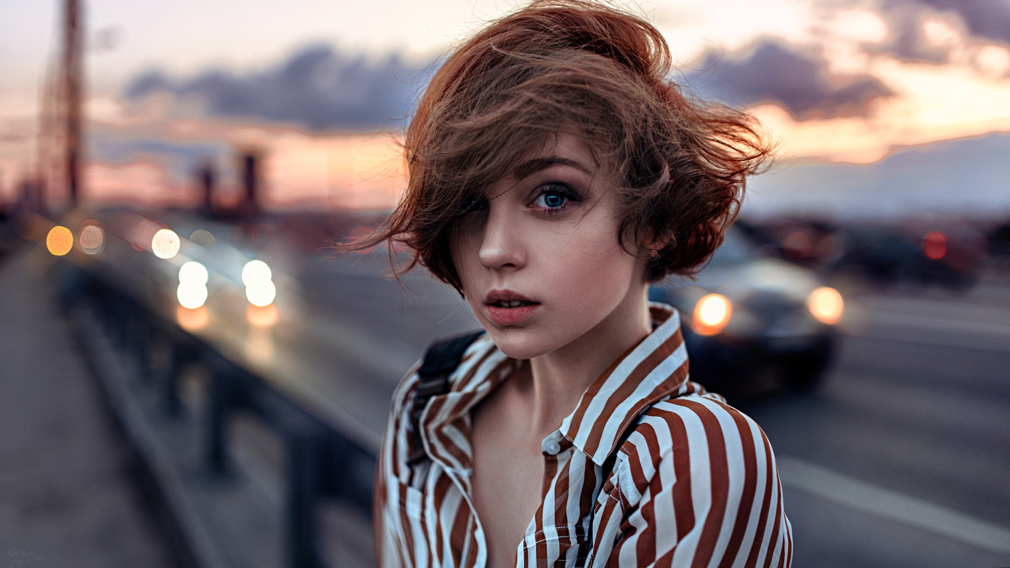 People 2048x1152 women short hair blue eyes portrait windy shirt Georgy Chernyadyev Olya Pushkina hair blowing in the wind face urban outdoors women outdoors striped clothing traffic road looking at viewer
