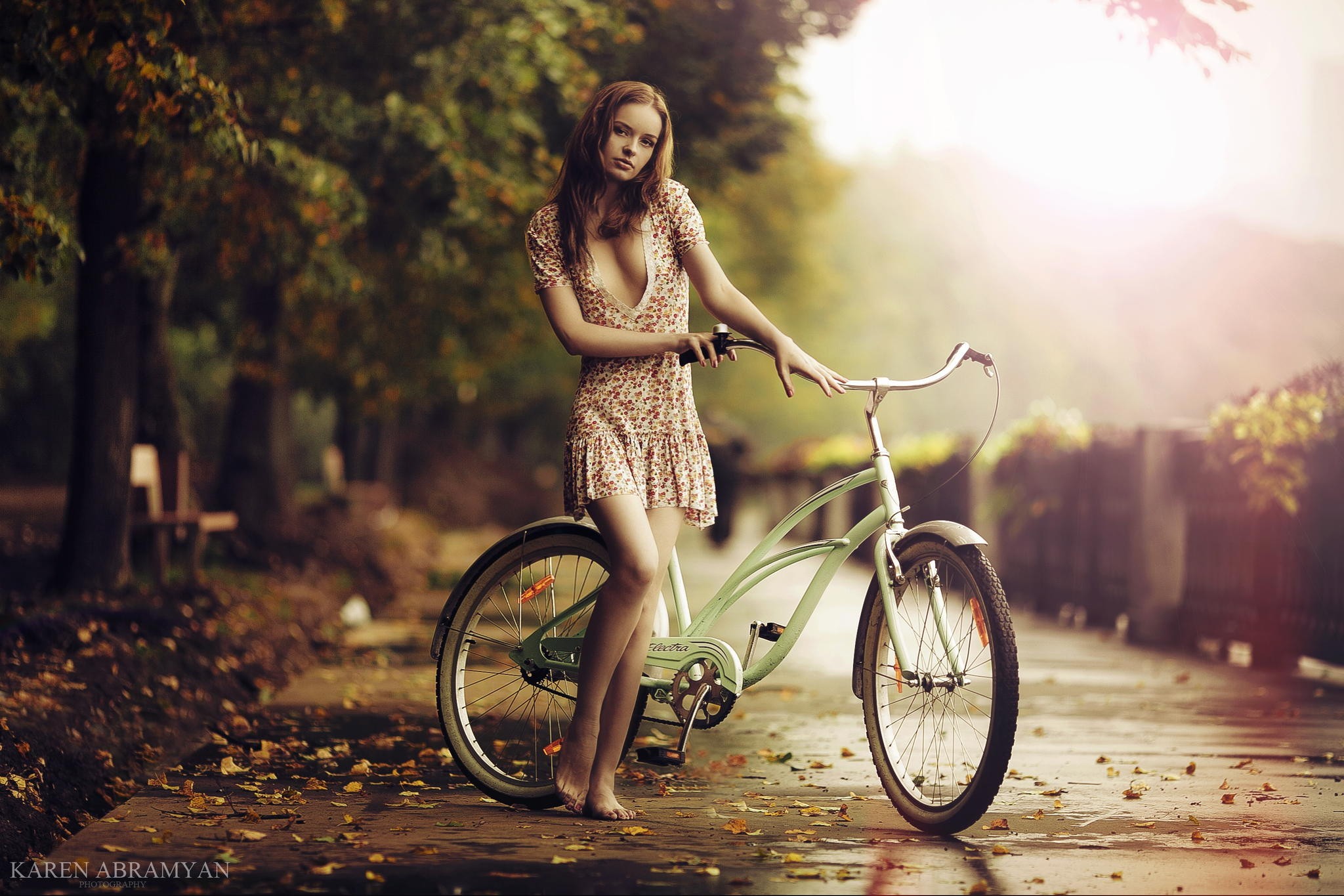 People 2048x1365 women bicycle dress leaves women outdoors Karen Abramyan redhead cleavage legs long hair pointed toes vehicle women with bicycles trees barefoot looking at viewer outdoors