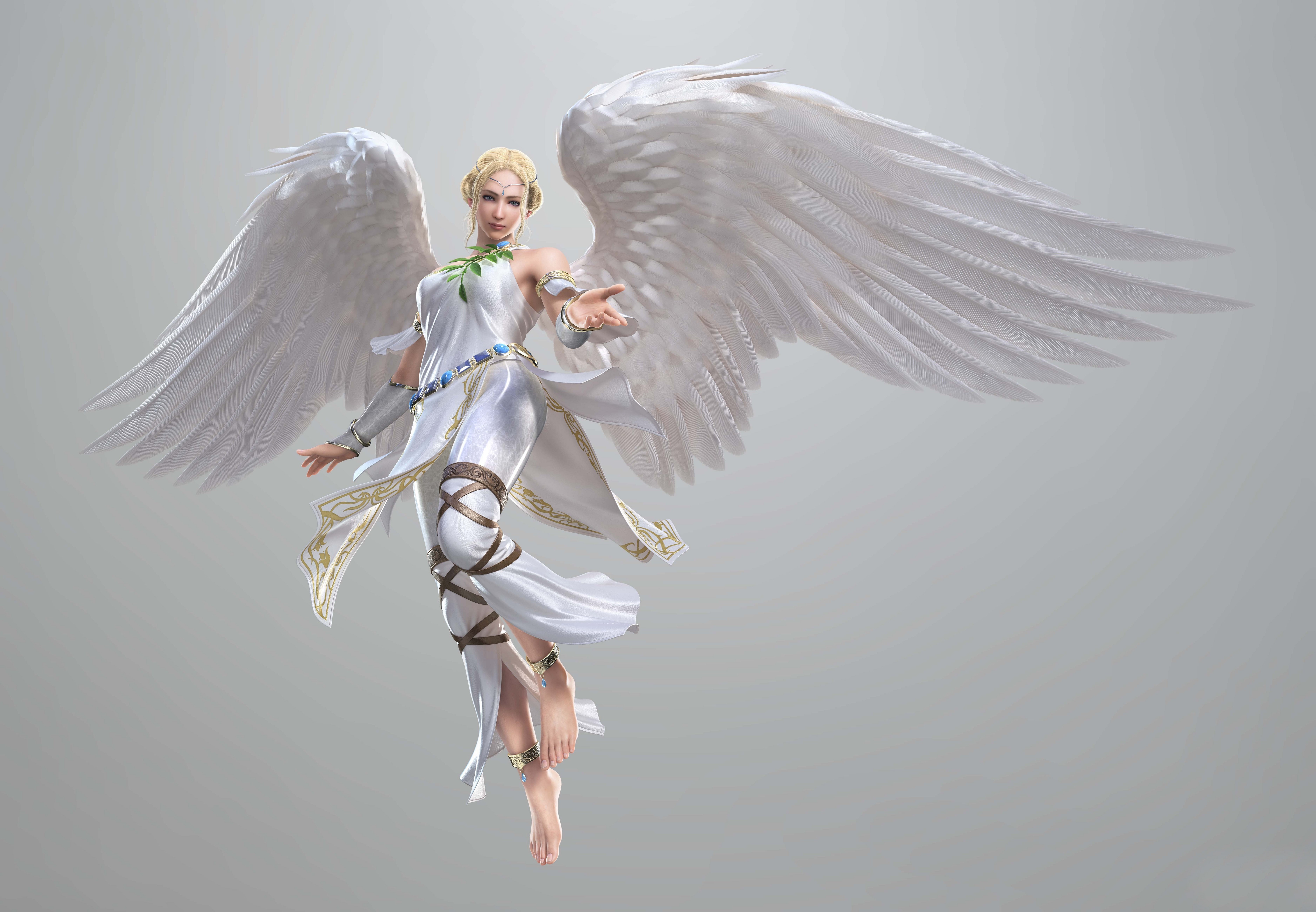 General 6000x4160 video games Tekken angel women video game art gray background fantasy girl wings barefoot dress white dress video game girls video game warriors