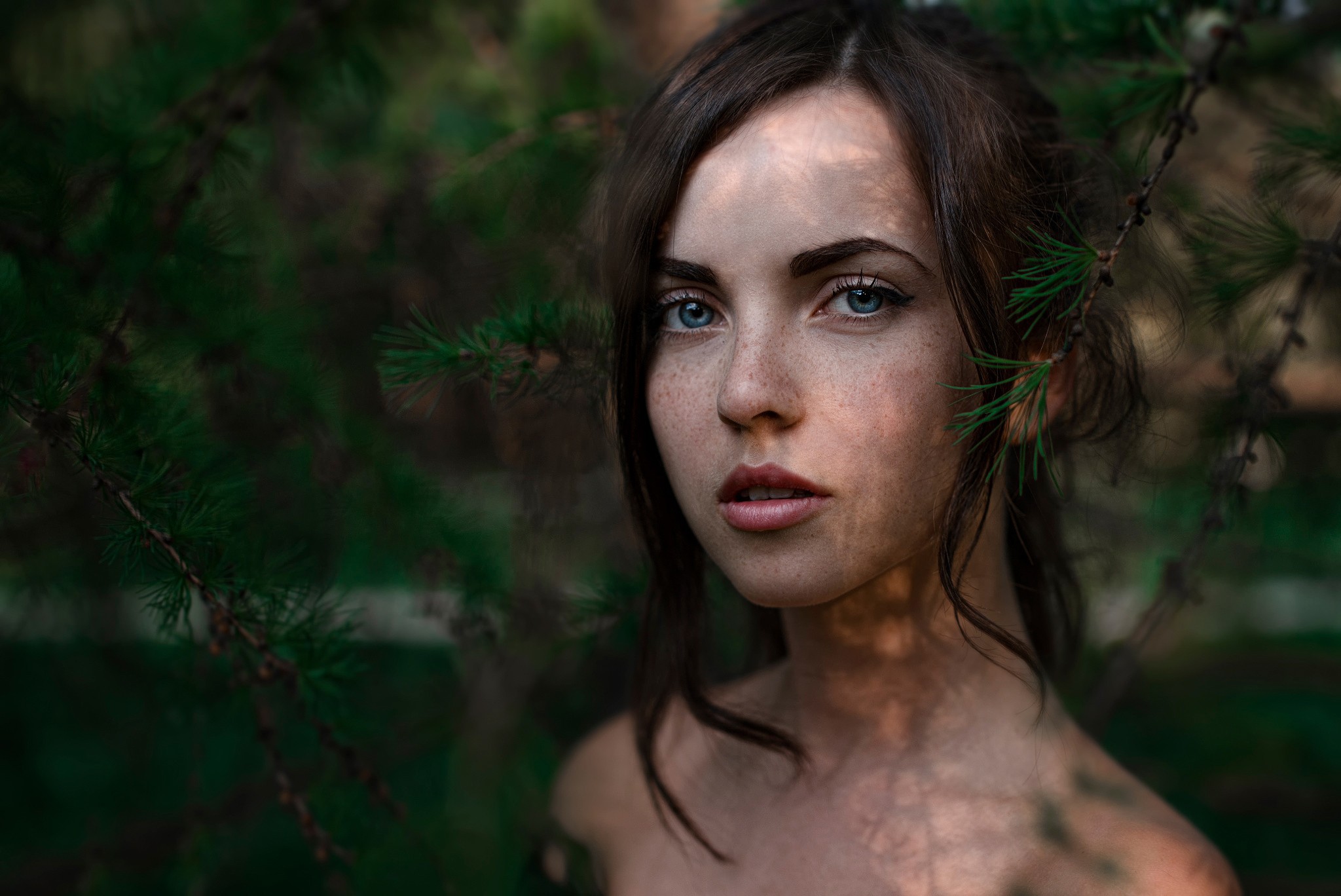 People 2048x1368 women model face portrait freckles brunette blue eyes Georgy Chernyadyev looking at viewer women outdoors