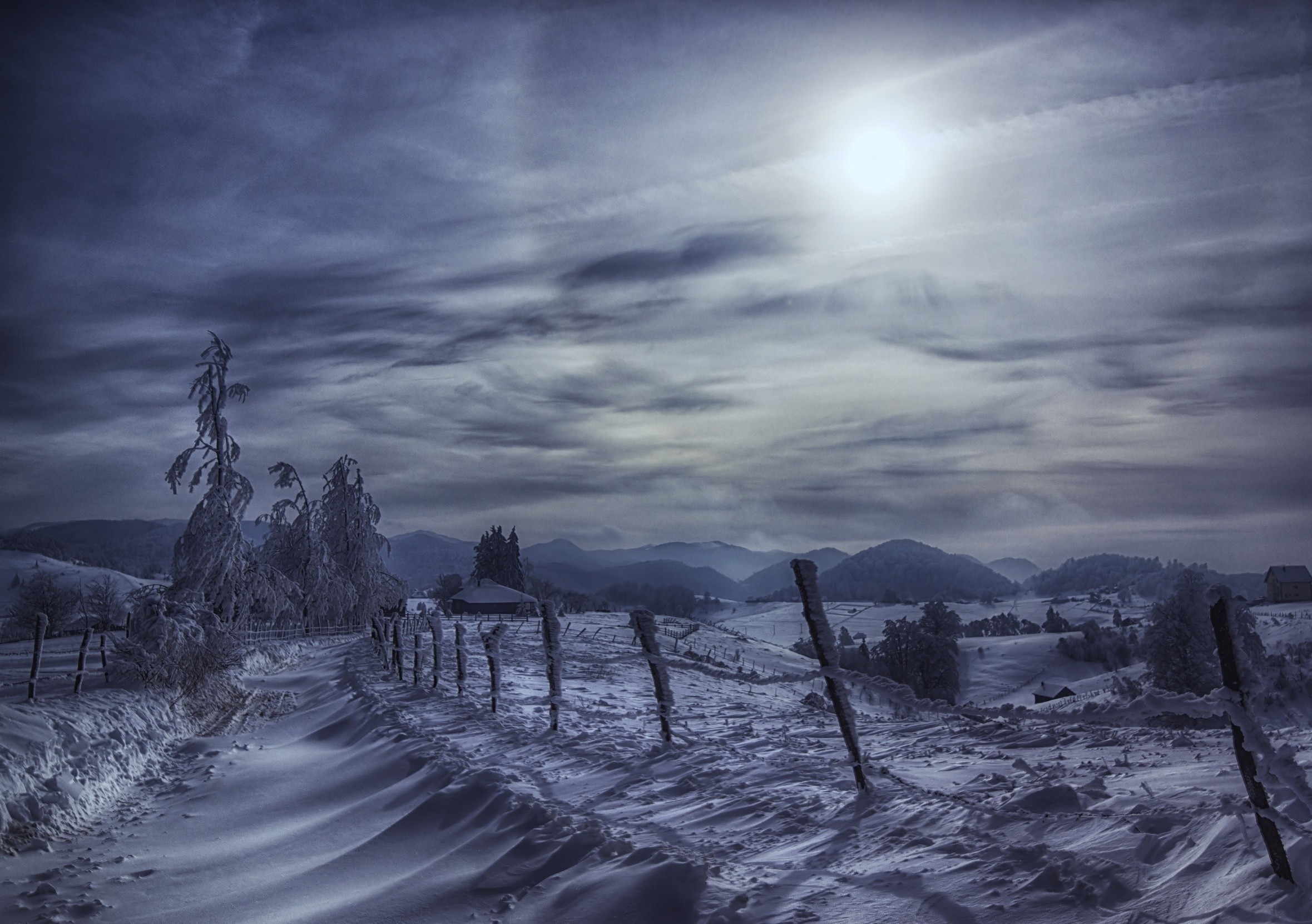 General 2359x1662 winter road circle Sun mountains snow trees Halo (game) fence frost cold cottage clouds nature landscape