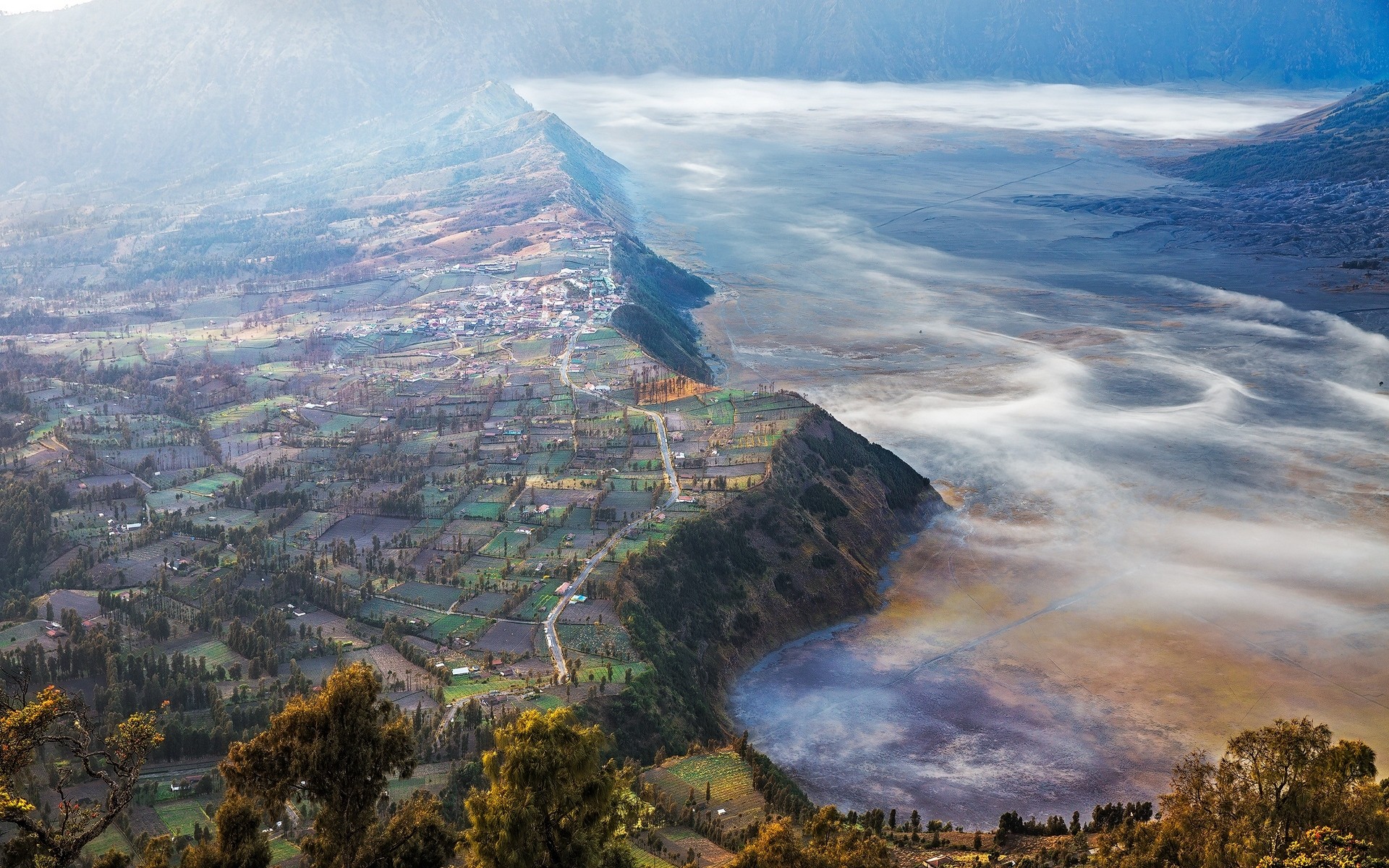 General 1920x1200 nature landscape mountains village field valley mist road trees aerial view Cemoro Lawang Indonesia Java (island)