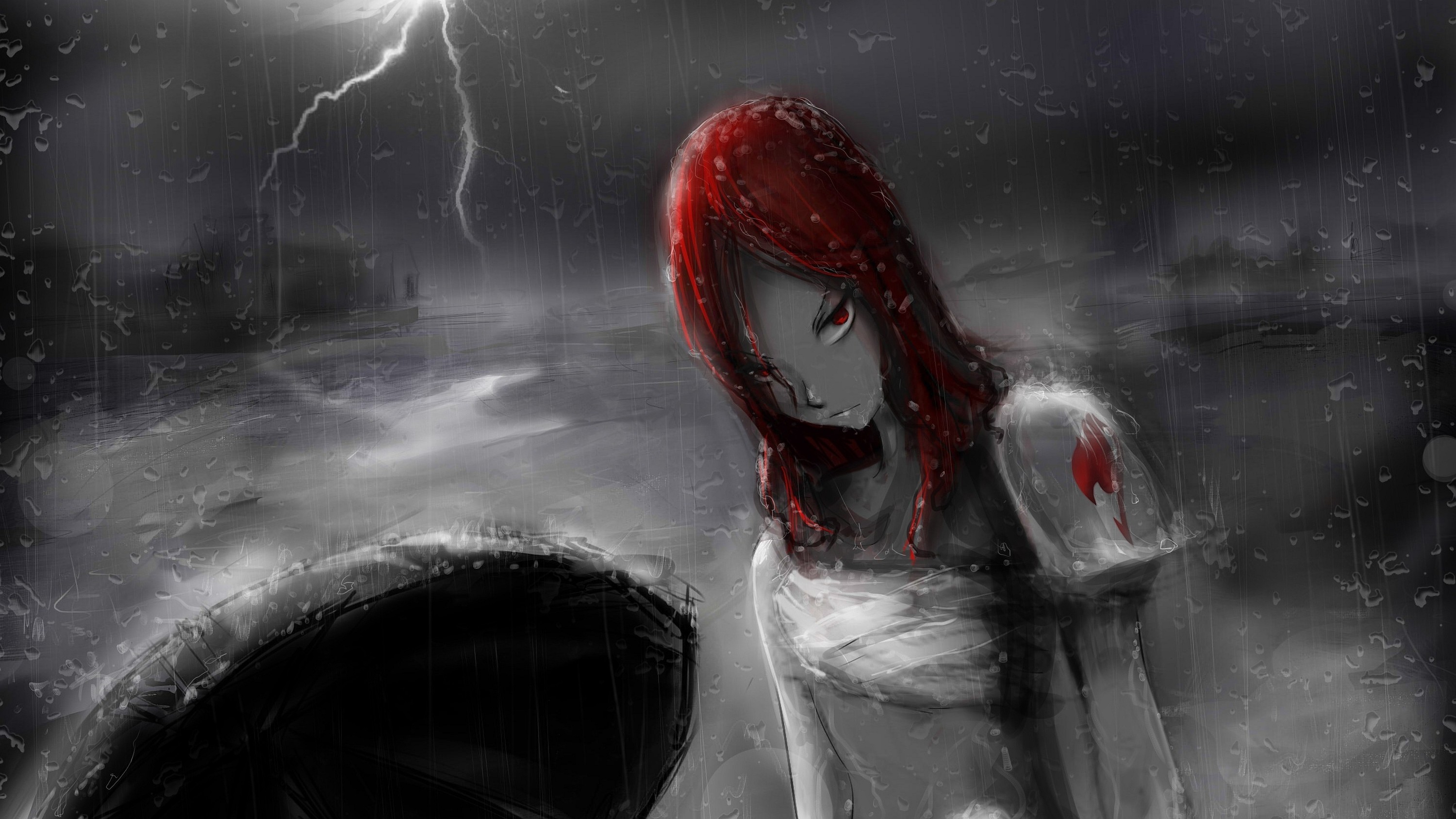Anime 3000x1687 anime Fairy Tail Scarlet Erza red eyes redhead long hair rain lightning looking at viewer