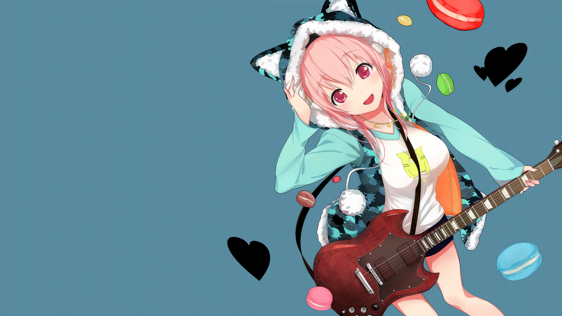 Anime 1920x1080 anime girls Super Sonico anime guitar musical instrument red eyes blue pink hair blue background heart (design)