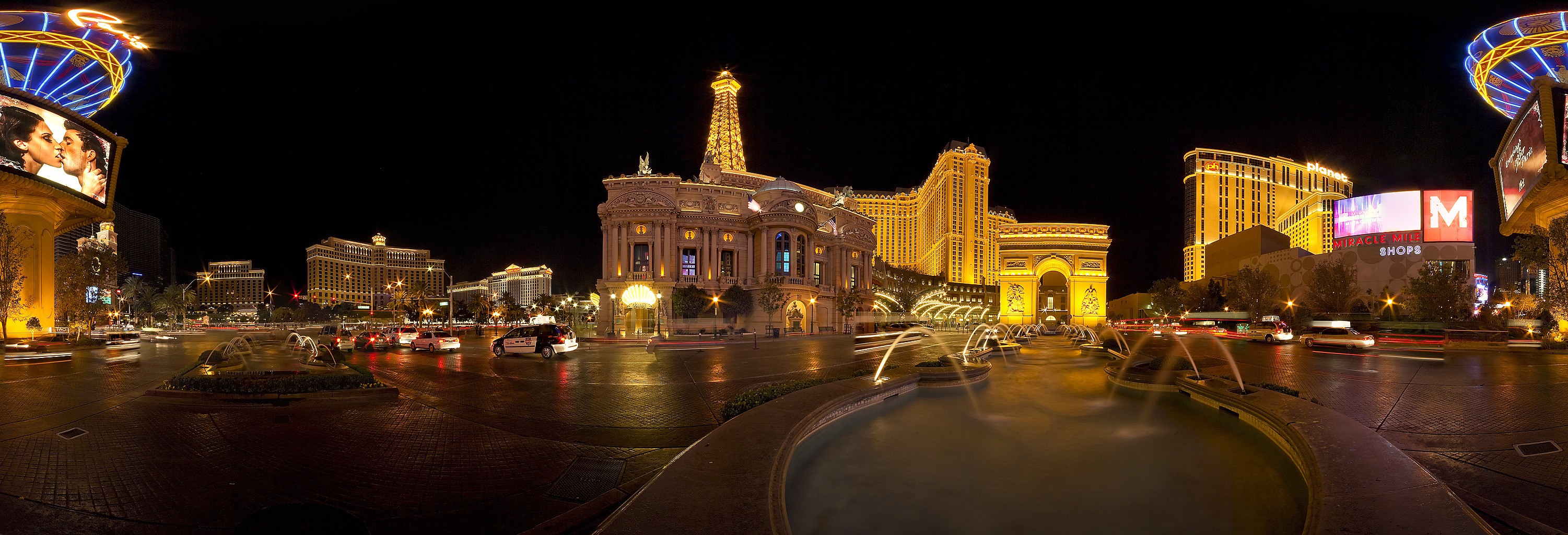 General 3002x1024 cityscape Las Vegas night city lights fountain street multiple display dual monitors USA