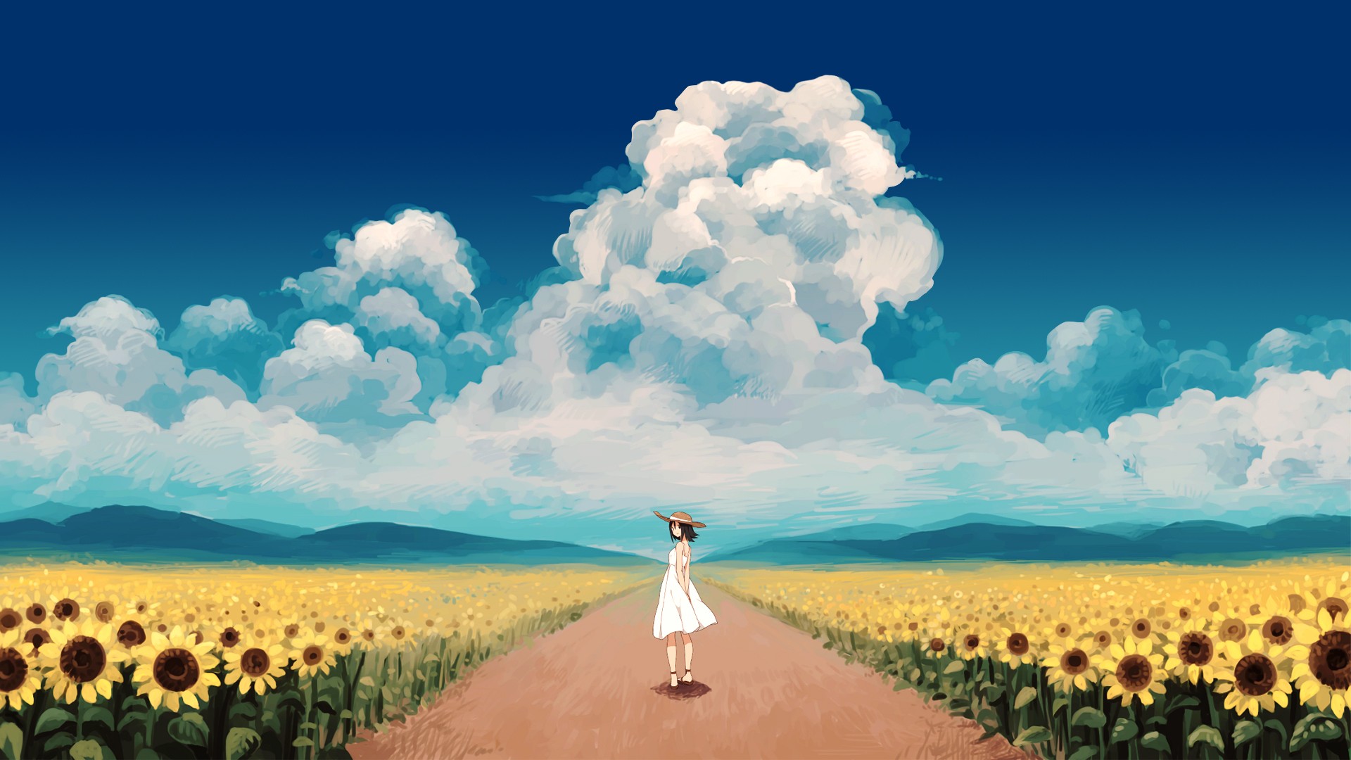 Anime 1920x1080 anime girls dress sunflowers clouds looking back Osu sun dress sky standing flowers field plants hat women outdoors anime