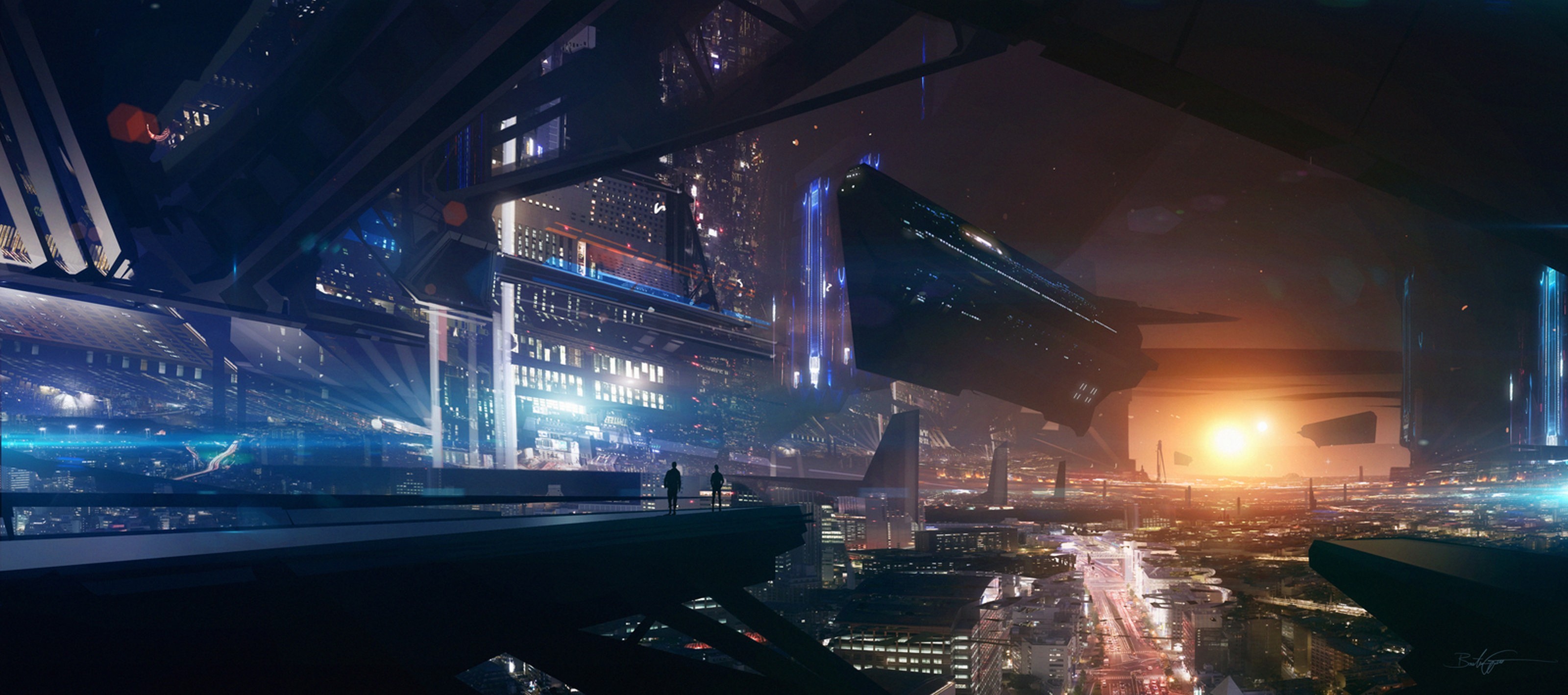 General 3200x1418 spaceship science fiction city road lights futuristic city futuristic Sun artwork