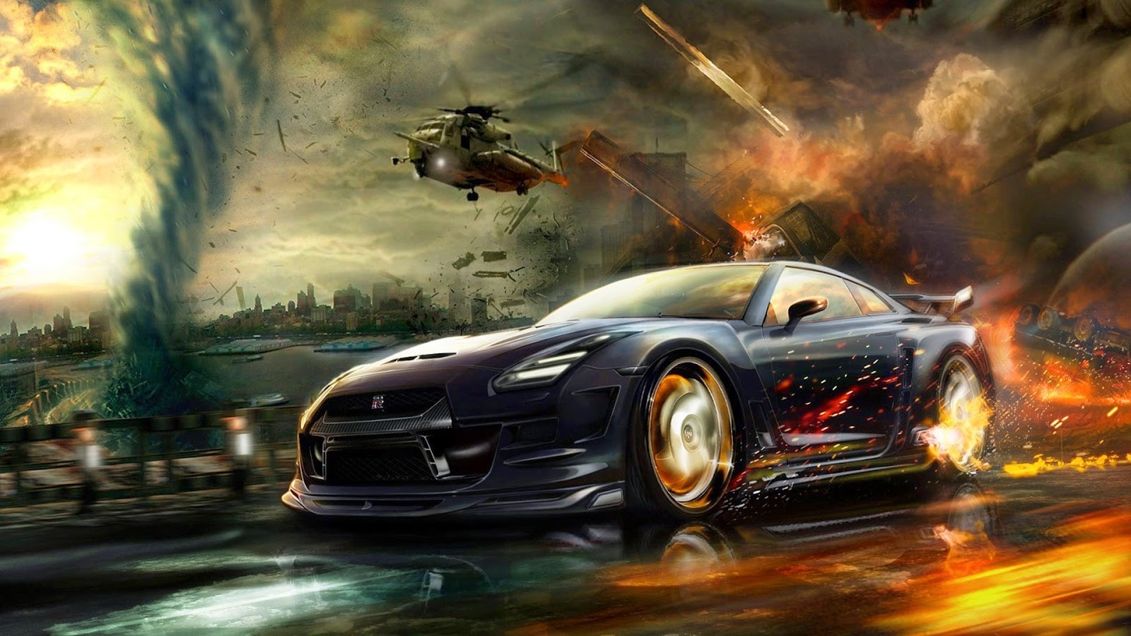 General 1600x900 artwork car battle vehicle helicopters Nissan GT-R photoshopped fire Nissan backfire digital art