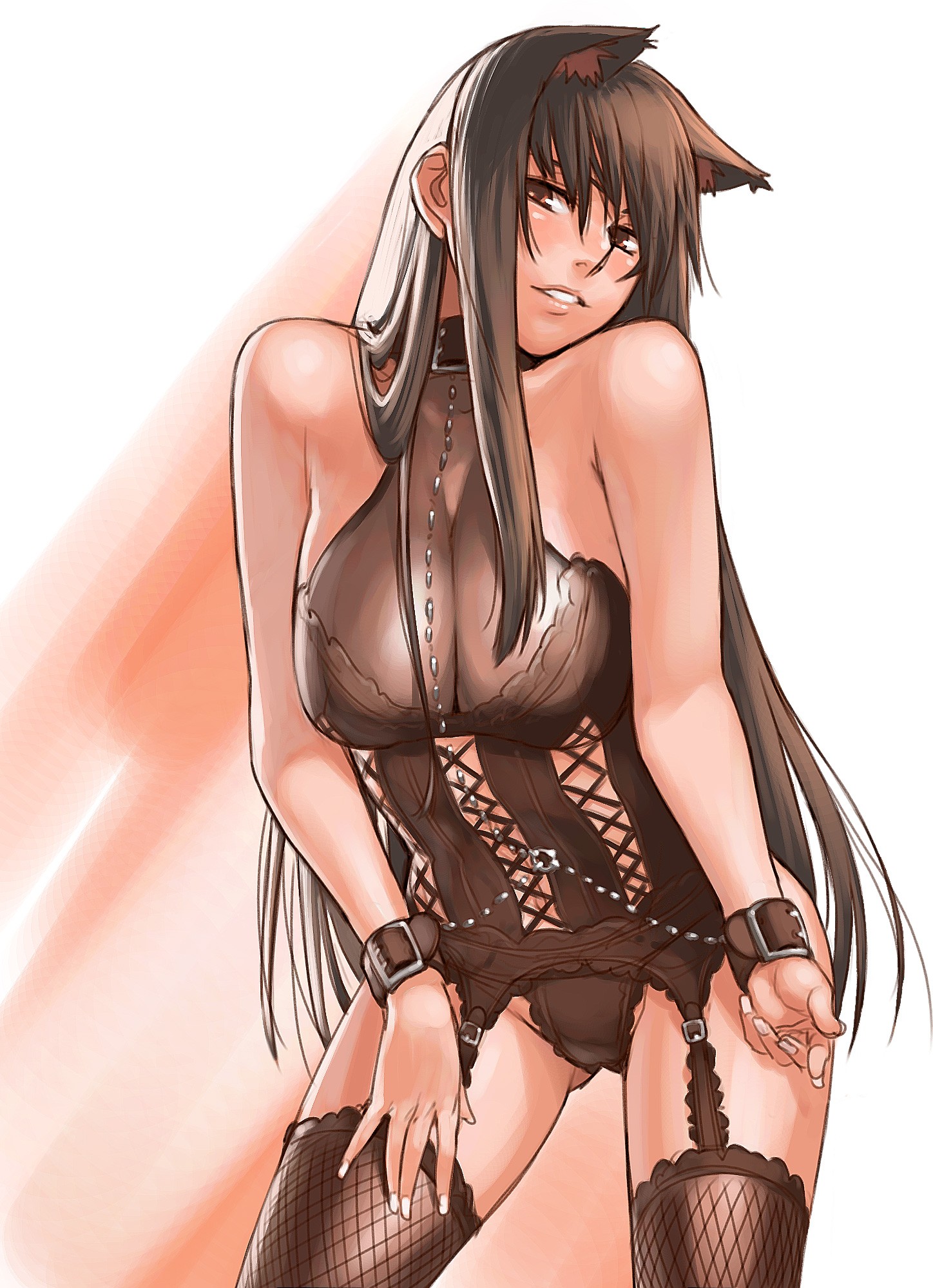 Anime 1448x1998 anime girls animal ears cat girl collar boobs big boobs women anime lingerie black lingerie black underwear panties stockings portrait display looking at viewer curvy bare shoulders corset thigh-highs parted lips Azusa brunette cat ears cleavage long hair handcuffs