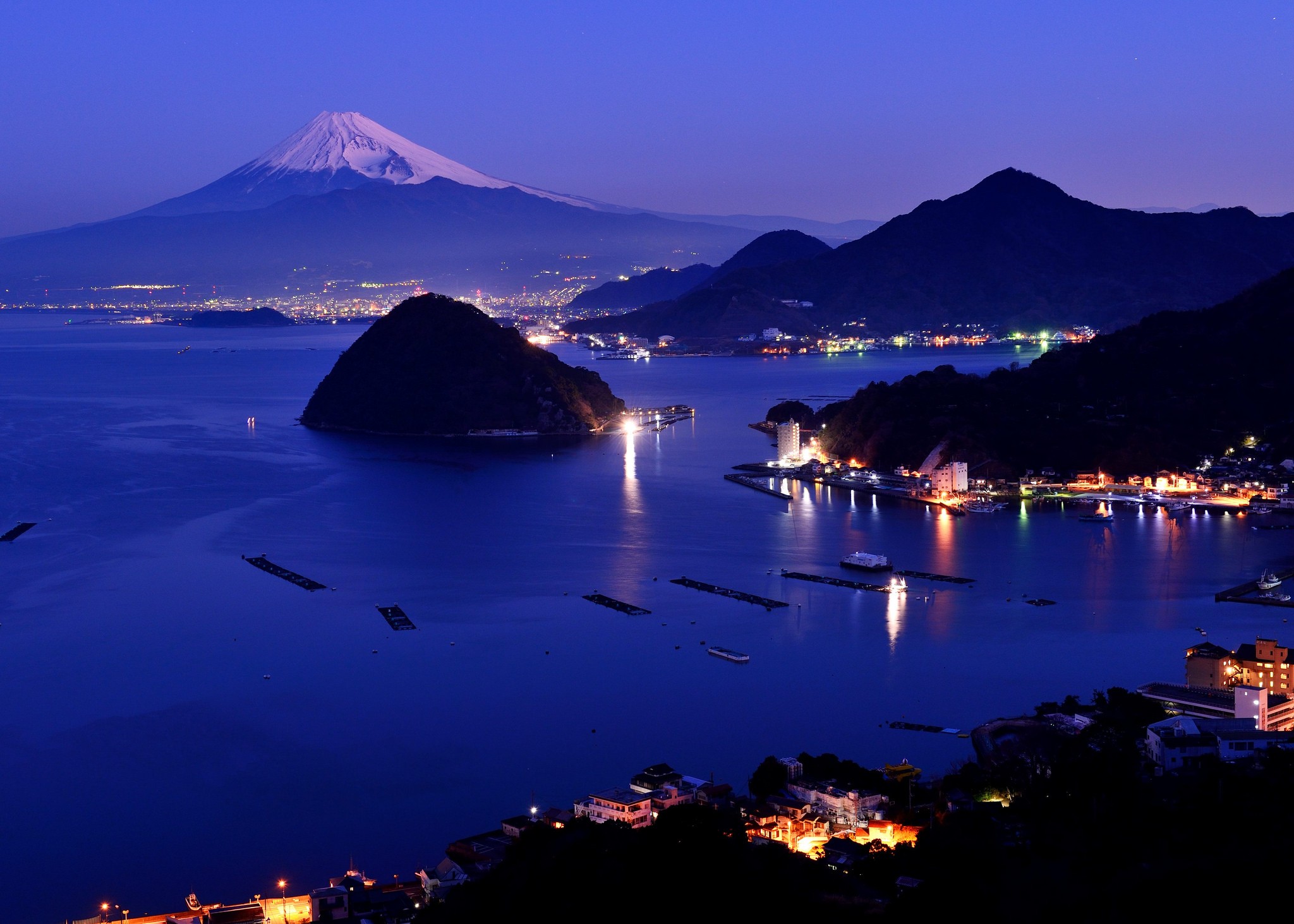 General 2048x1463 cityscape building landscape Japan Mount Fuji mountains snow island water sea bay evening lights ship boat dock hills reflection Asia volcano city lights