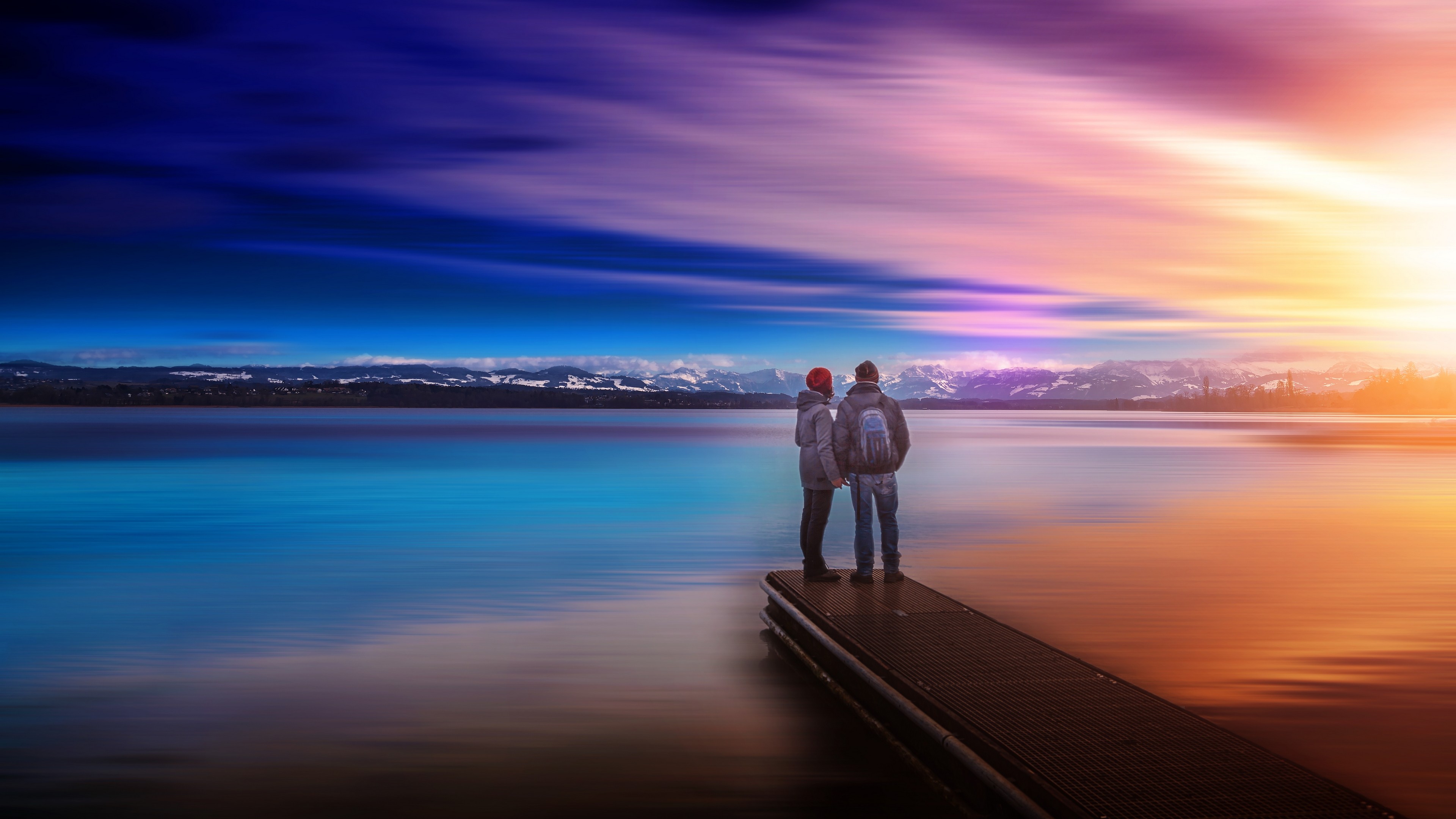 General 3840x2160 couple lake nature pier sky water sunlight outdoors women men men outdoors women outdoors calm waters