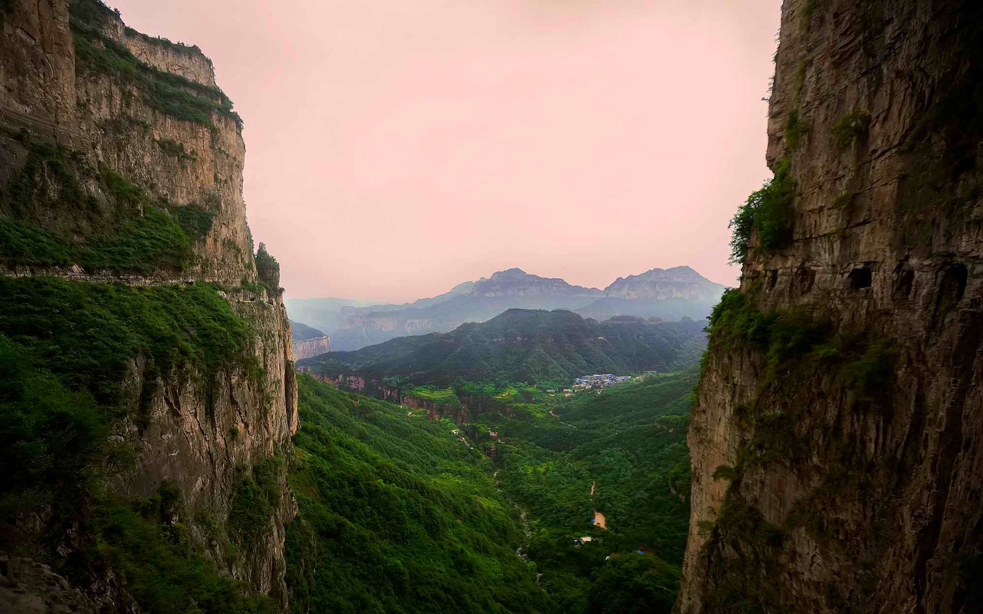 General 1920x1200 landscape nature valley cliff shrubs canyon village China Asia rocks