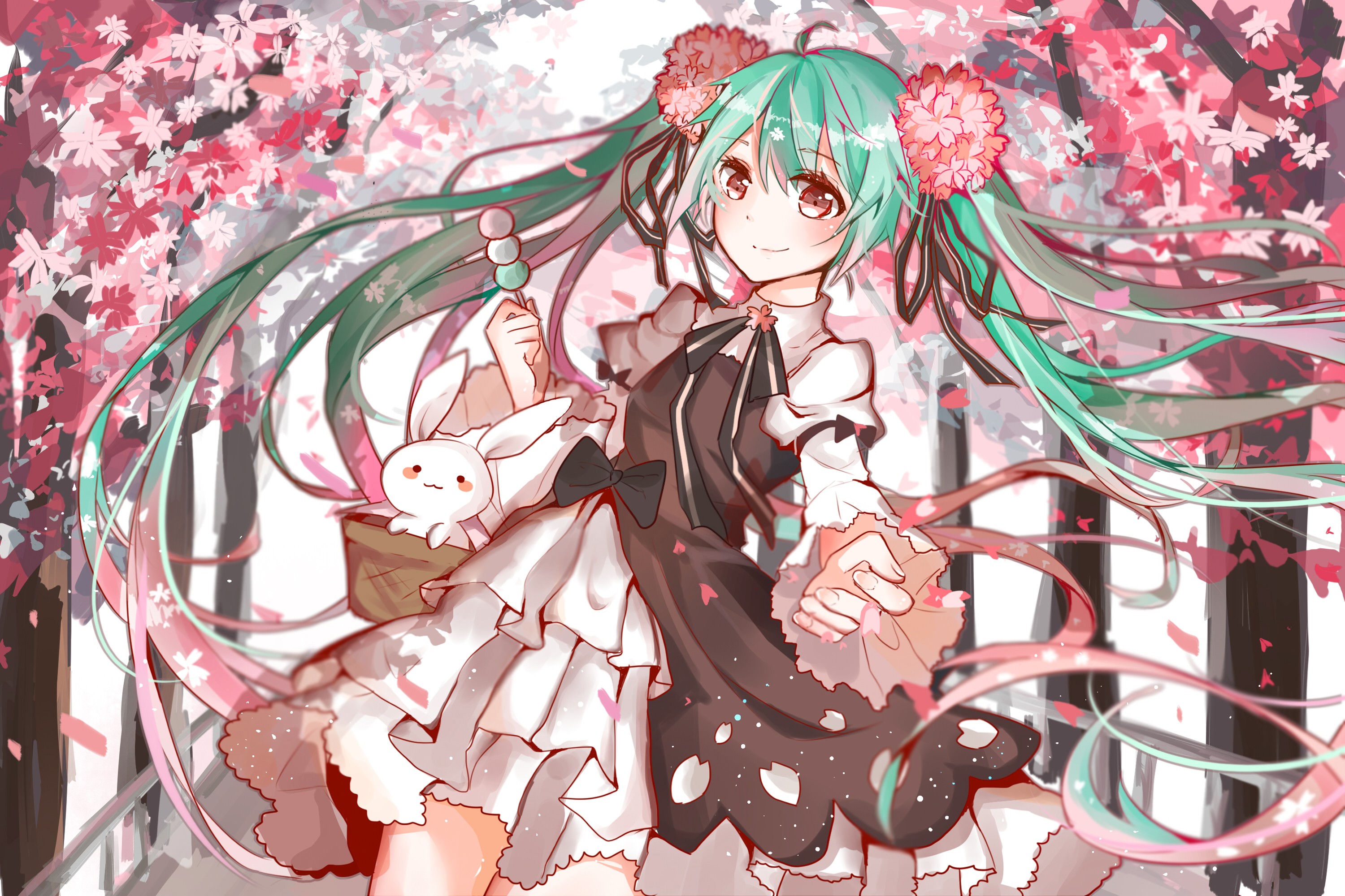 Anime 3000x2000 Vocaloid Hatsune Miku long hair twintails flower in hair ribbon dress cherry trees petals rabbits anime girls anime cherry blossom smiling green hair