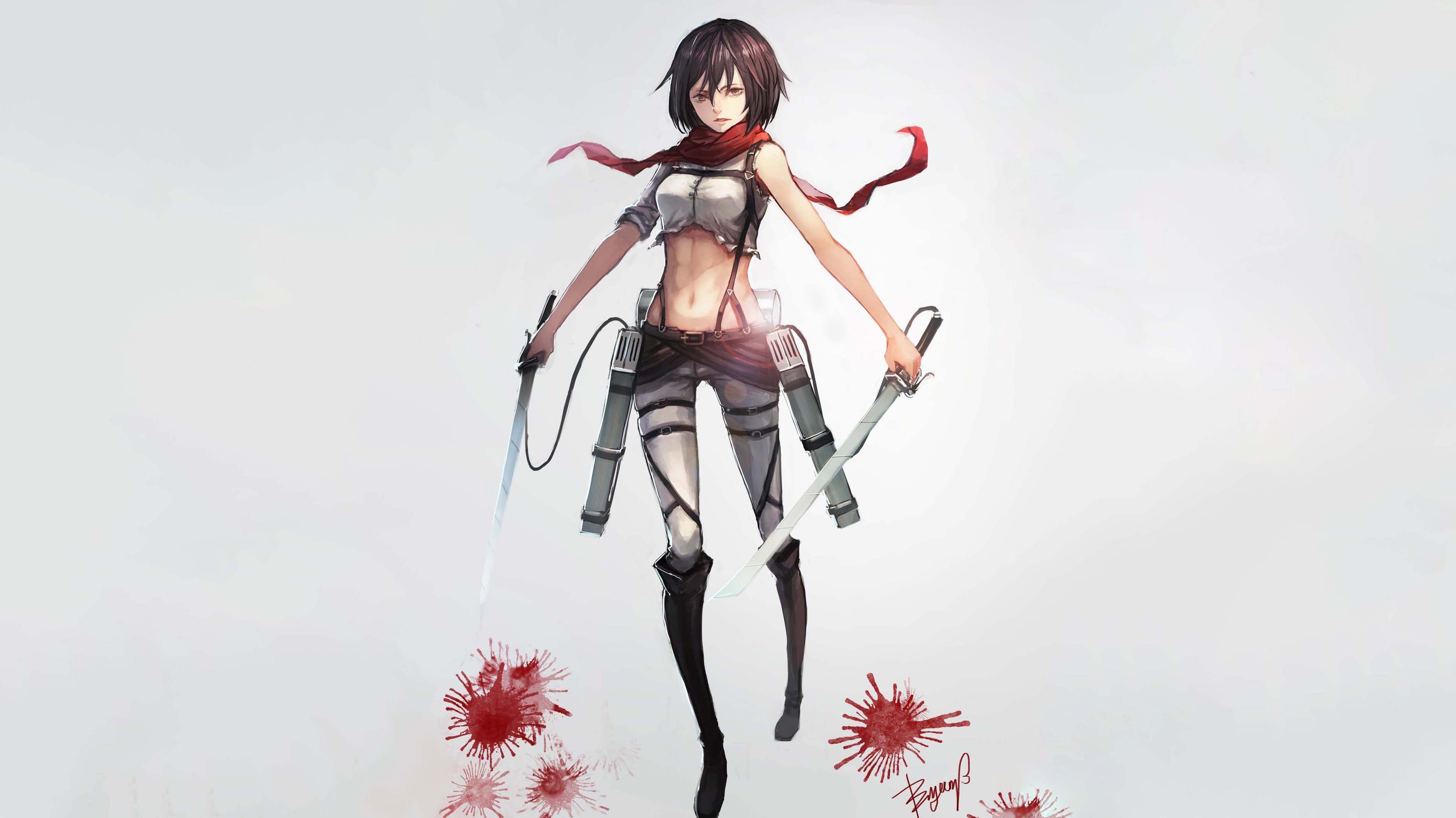 Anime 3840x2160 Mikasa Ackerman anime girls weapon gray background Shingeki no Kyojin anime sword women with swords belly brunette boobs bare midriff simple background looking at viewer