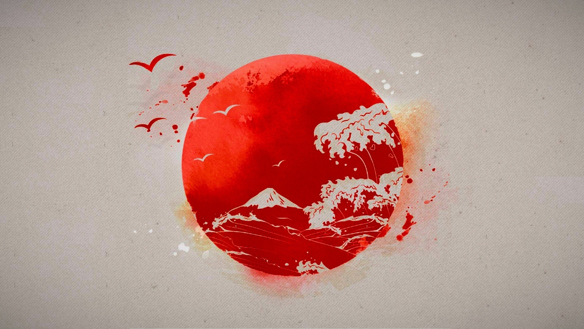 General 1920x1080 Japanese Sun drawing abstract animals artwork waves sea volcano mountains Asia