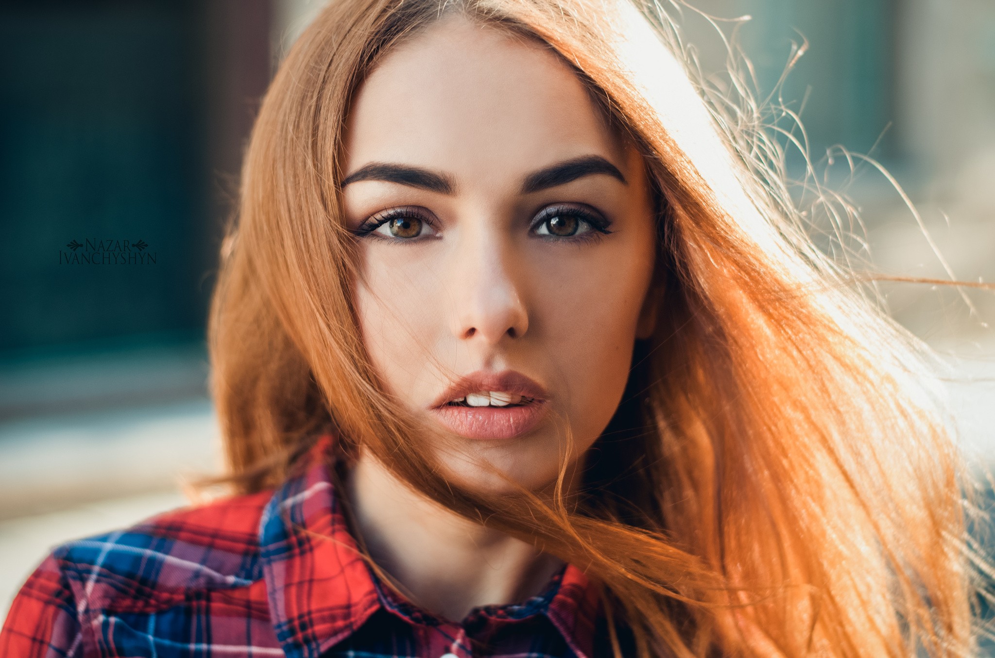 People 2048x1356 women model face portrait redhead Olya looking at viewer plaid shirt brown eyes shirt open mouth pink lipstick windy hair in face closeup Nazar Ivanchyshyn