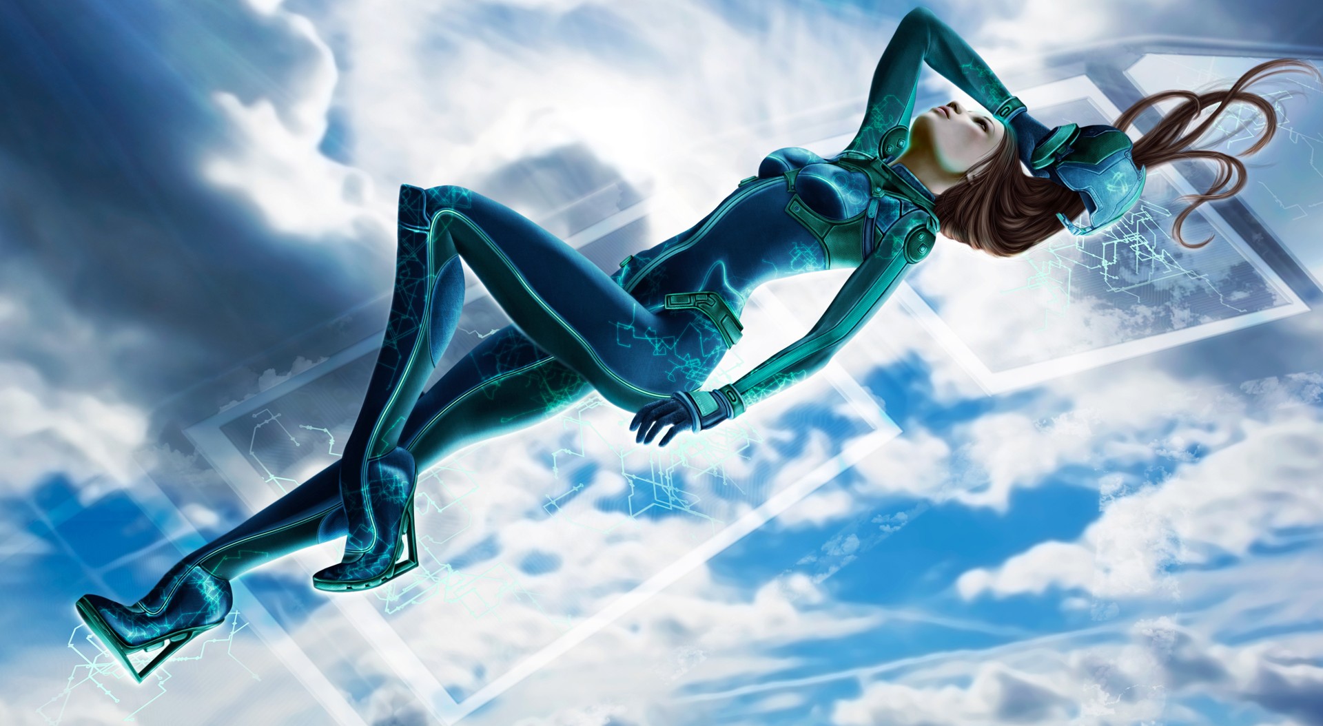 General 1920x1054 futuristic cyberpunk women brunette legs technology science fiction blue glowing cyan science fiction women heels belly boobs