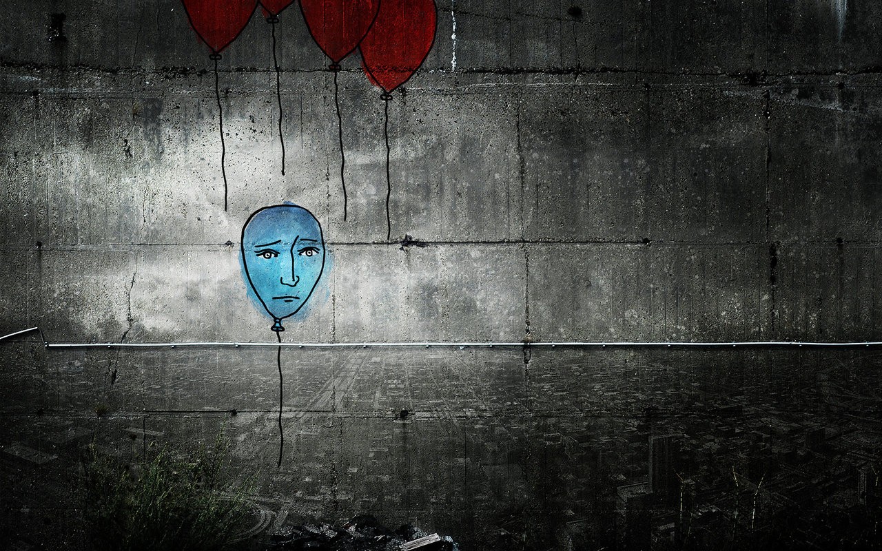 General 1280x800 Alex Cherry digital art artwork sad balloon concrete gray city blue