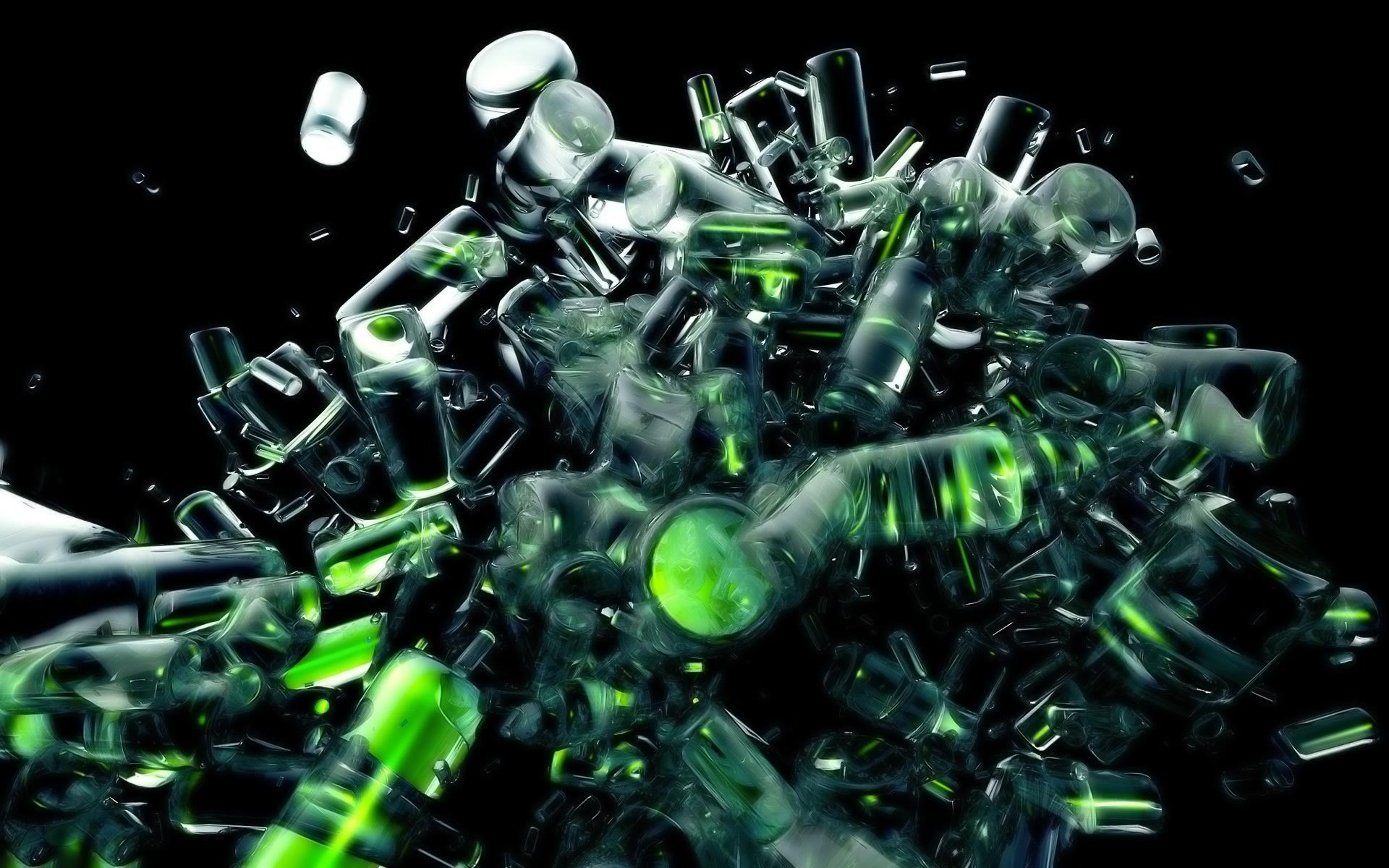 General 1920x1200 digital art black background glass bottles green reflection blurred CGI abstract dark