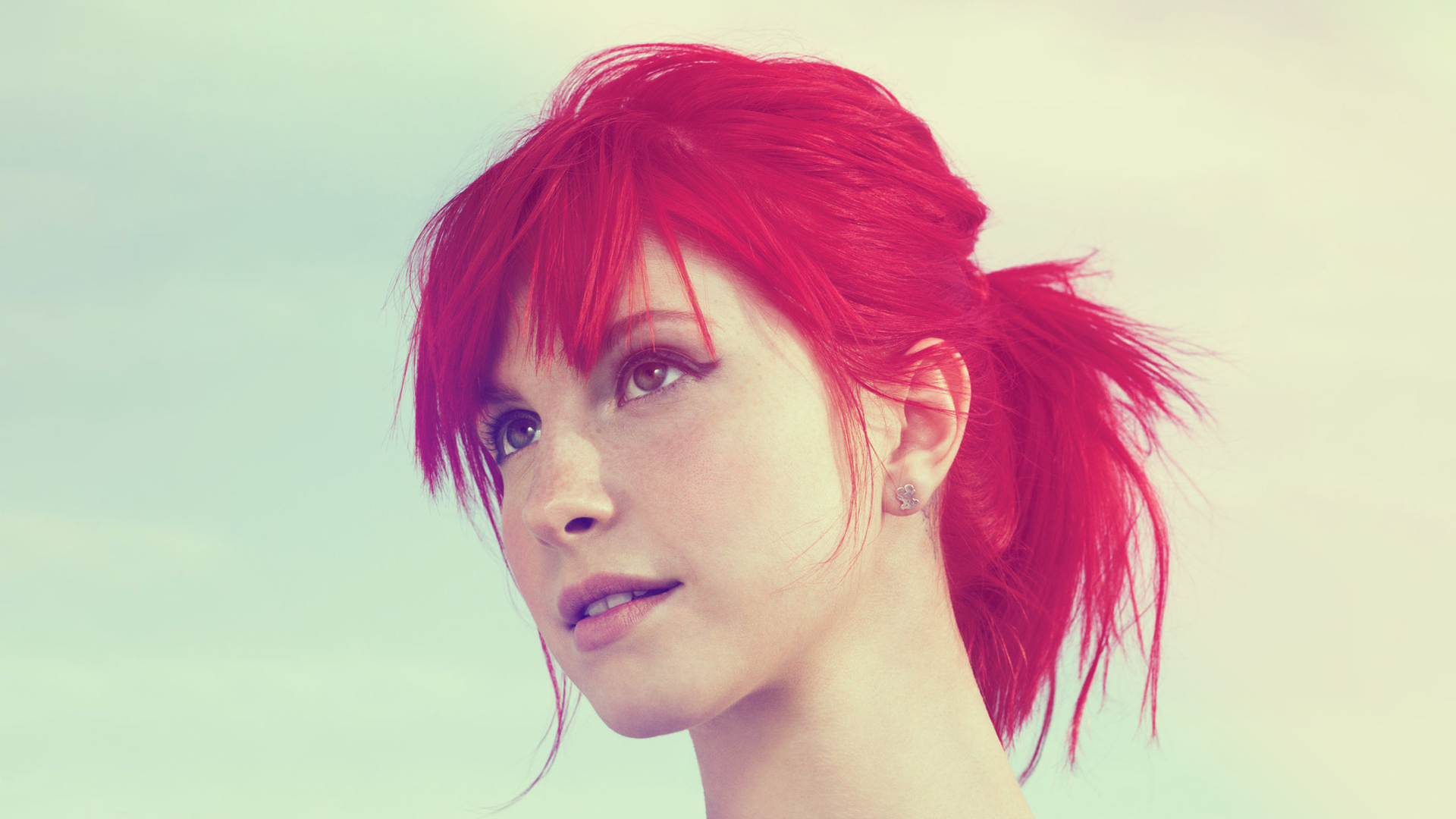 People 1920x1080 Hayley Williams redhead women face singer dyed hair freckles looking into the distance simple background closeup studio