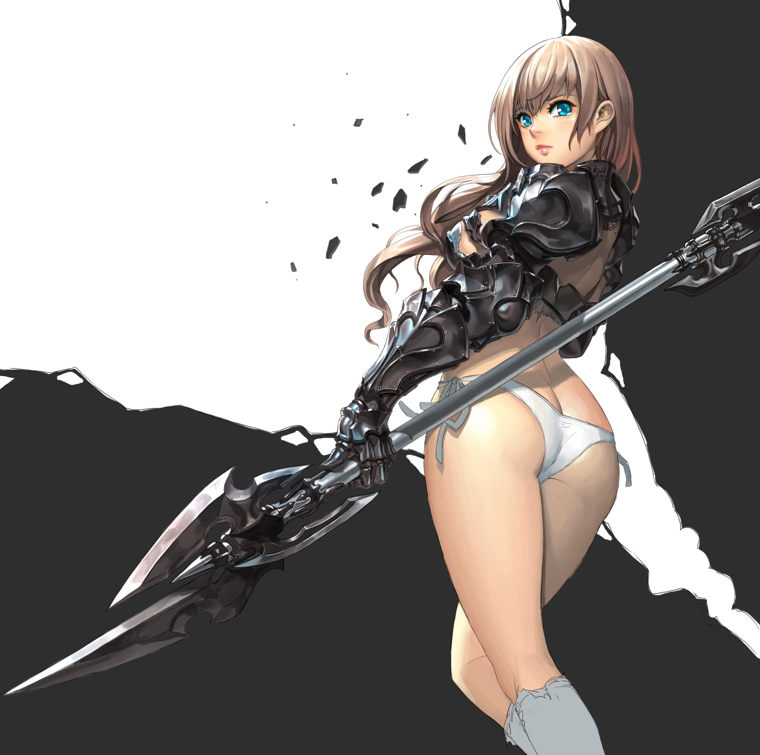Anime 2480x2465 anime girls simple background panties legs armor long hair weapon blue eyes original characters Daeho Cha ass white panties brunette spear
