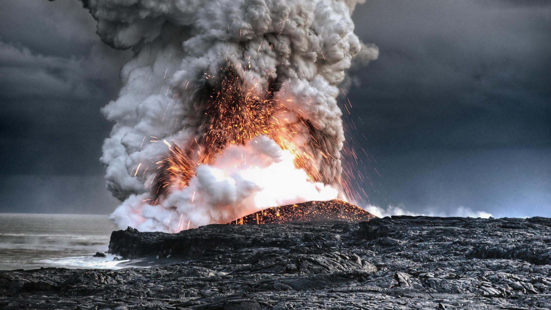 General 1920x1080 nature landscape sea coast eruption lava volcano smoke clouds long exposure Hawaii