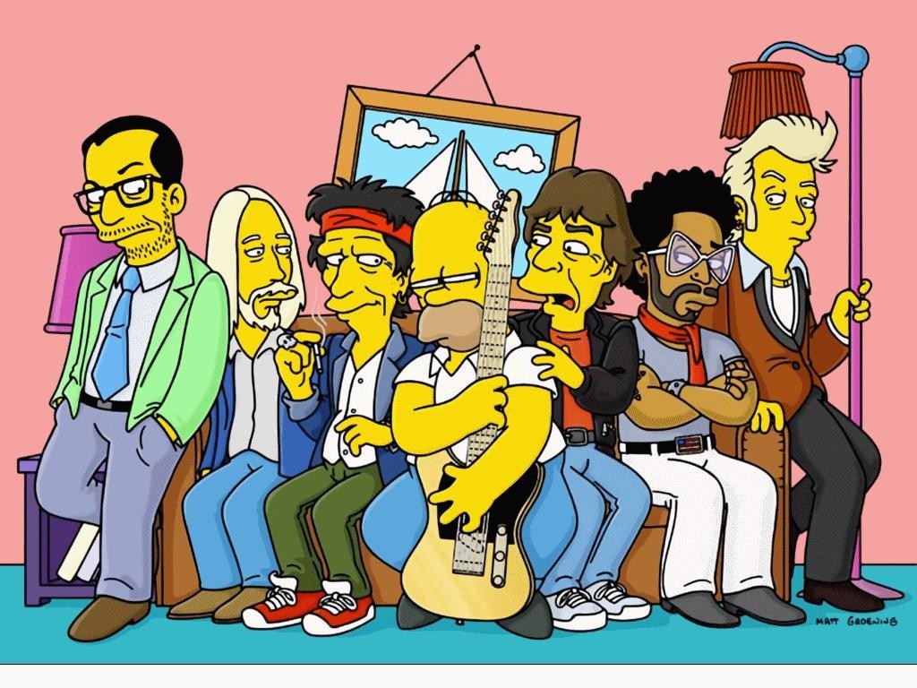 General 1024x768 The Simpsons Rolling Stones Homer Simpson Mick Jagger Keith Richards cartoon TV series sitting couch guitar musical instrument Elvis Costello Tom Petty Lenny Kravitz Brian Setzer