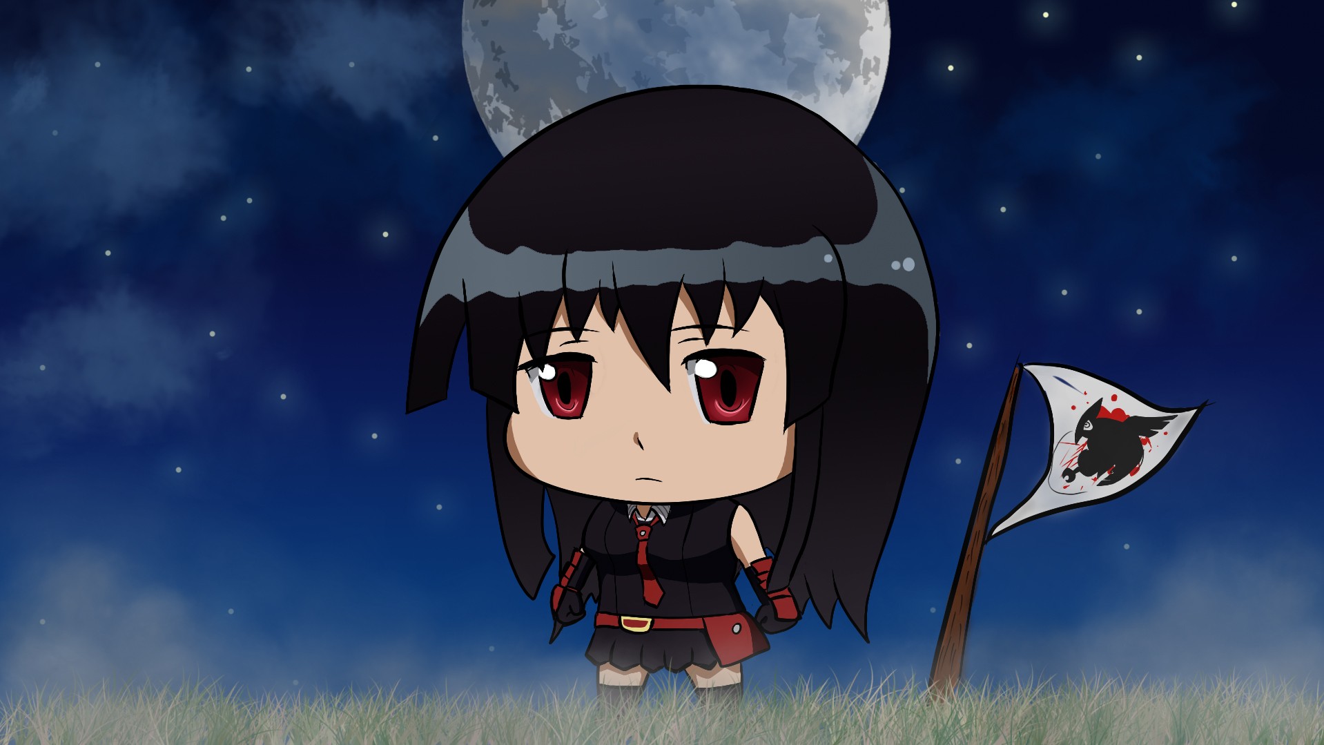 Anime 1918x1079 Akame ga Kill! Akame anime girls chibi anime red eyes dark hair sky Moon flag