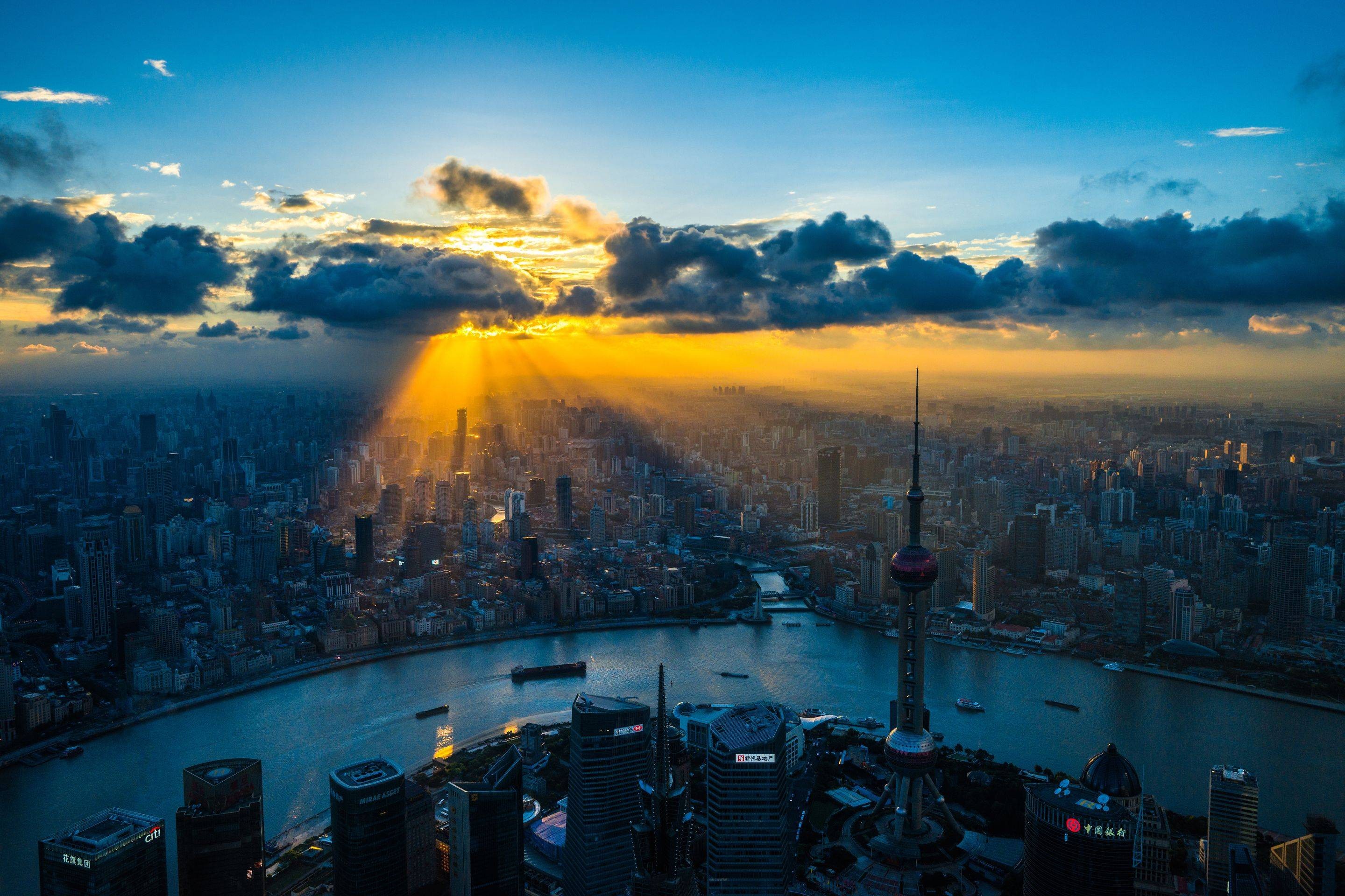 General 2880x1920 China Shanghai sunlight cityscape Asia sky clouds aerial view