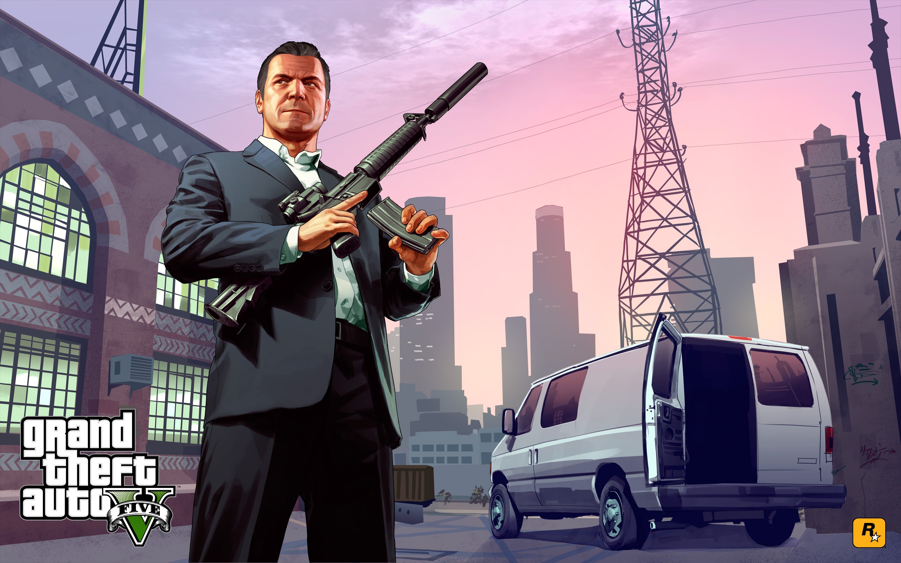 General 2880x1800 Grand Theft Auto V Grand Theft Auto video games van PC gaming video game men Rockstar Games video game art machine gun