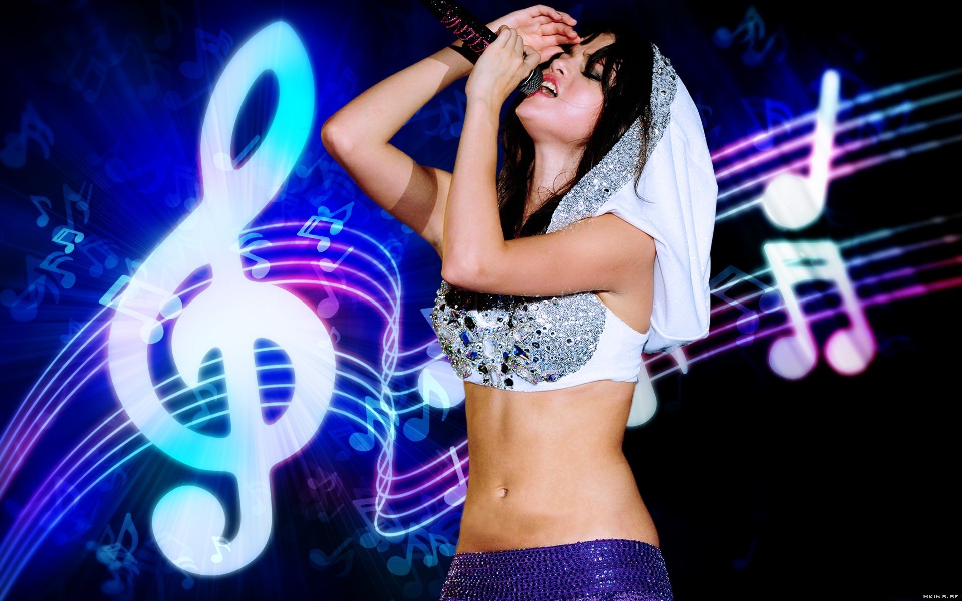 People 1920x1200 women singer Selena Gomez musical notes celebrity belly microphone closed eyes actress standing open mouth